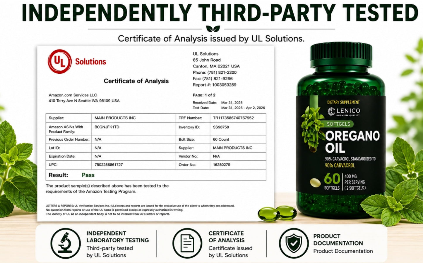 Lenico Comercializadora Oregano Oil Softgels 400 mg per Serving (60 Softgels)