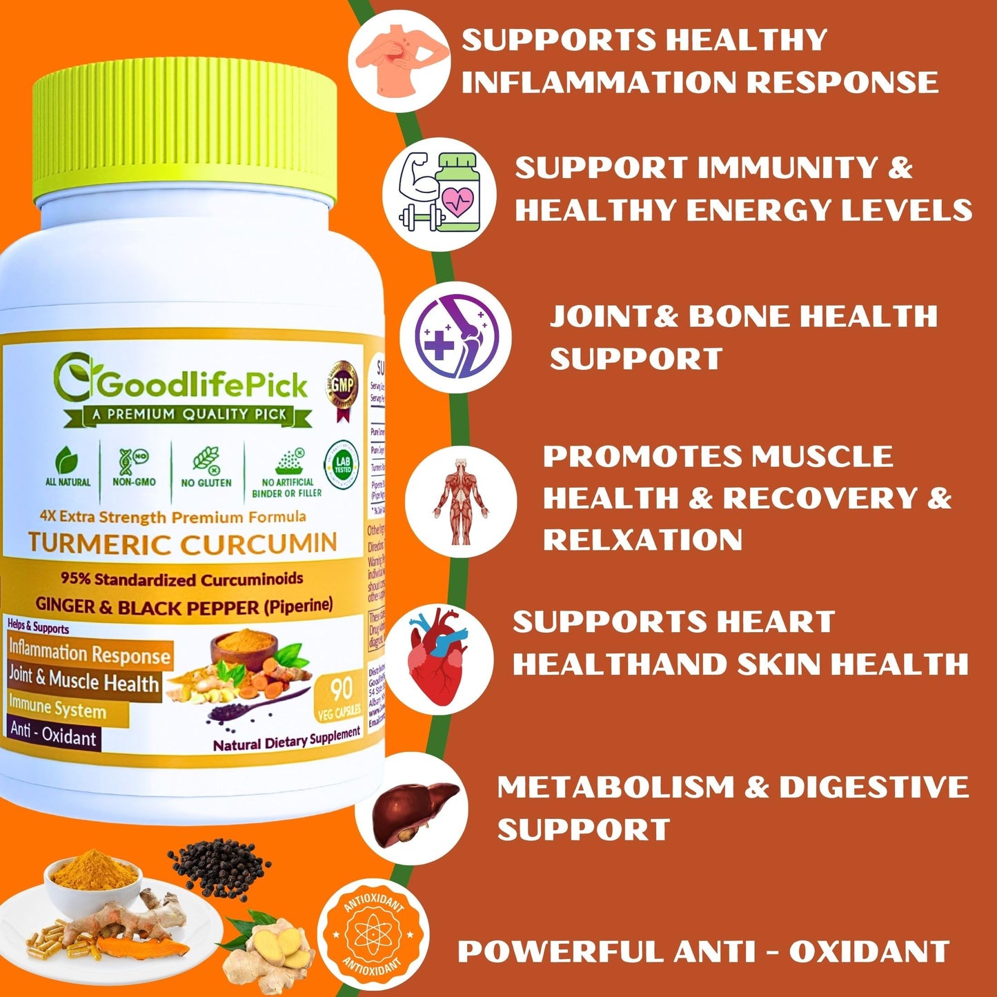GoodlifePick Premium Turmeric Capsules with Ginger and Black Pepper Capsule 90 Count