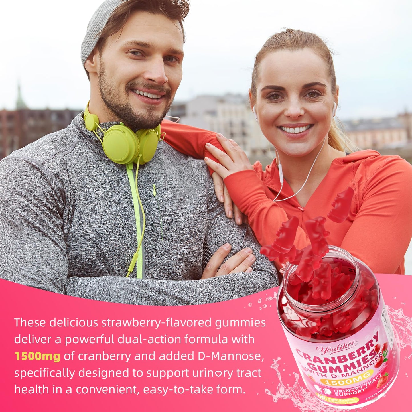 Youlikee Cranberry Gummies with D Mannose for Urinary Tract Health, Vegan, Sugar-Free, Non-GMO, Gluten-Free, Strawberry Flavor, 120 Count