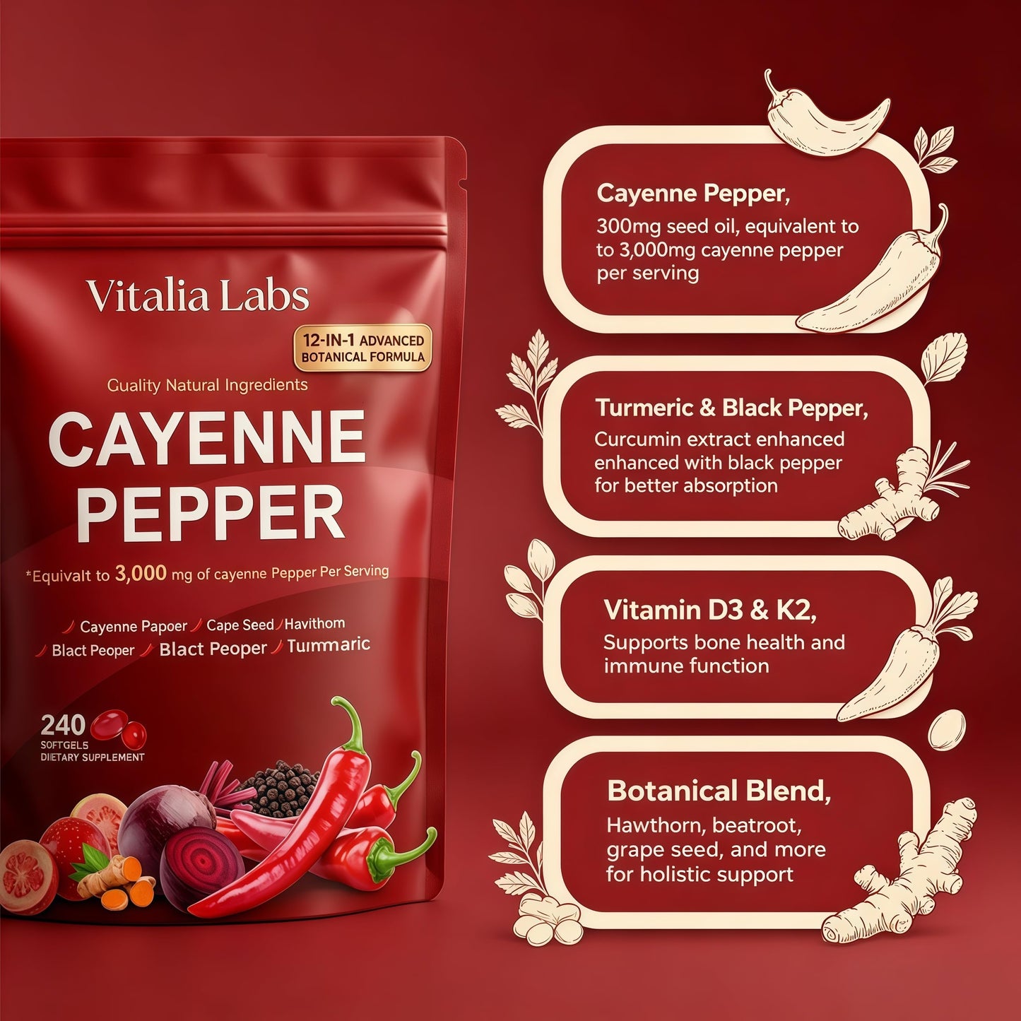 Vitalia Labs Cayenne Pepper Supplement Capsule, 240 Capsules