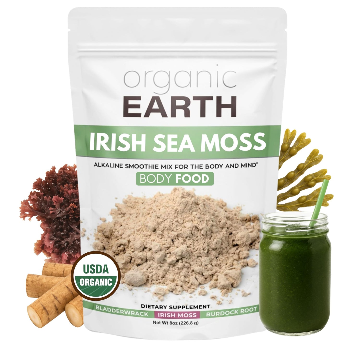 Organic Earth Irish Sea Moss Powder with Bladderwrack & Burdock Root, 8 oz