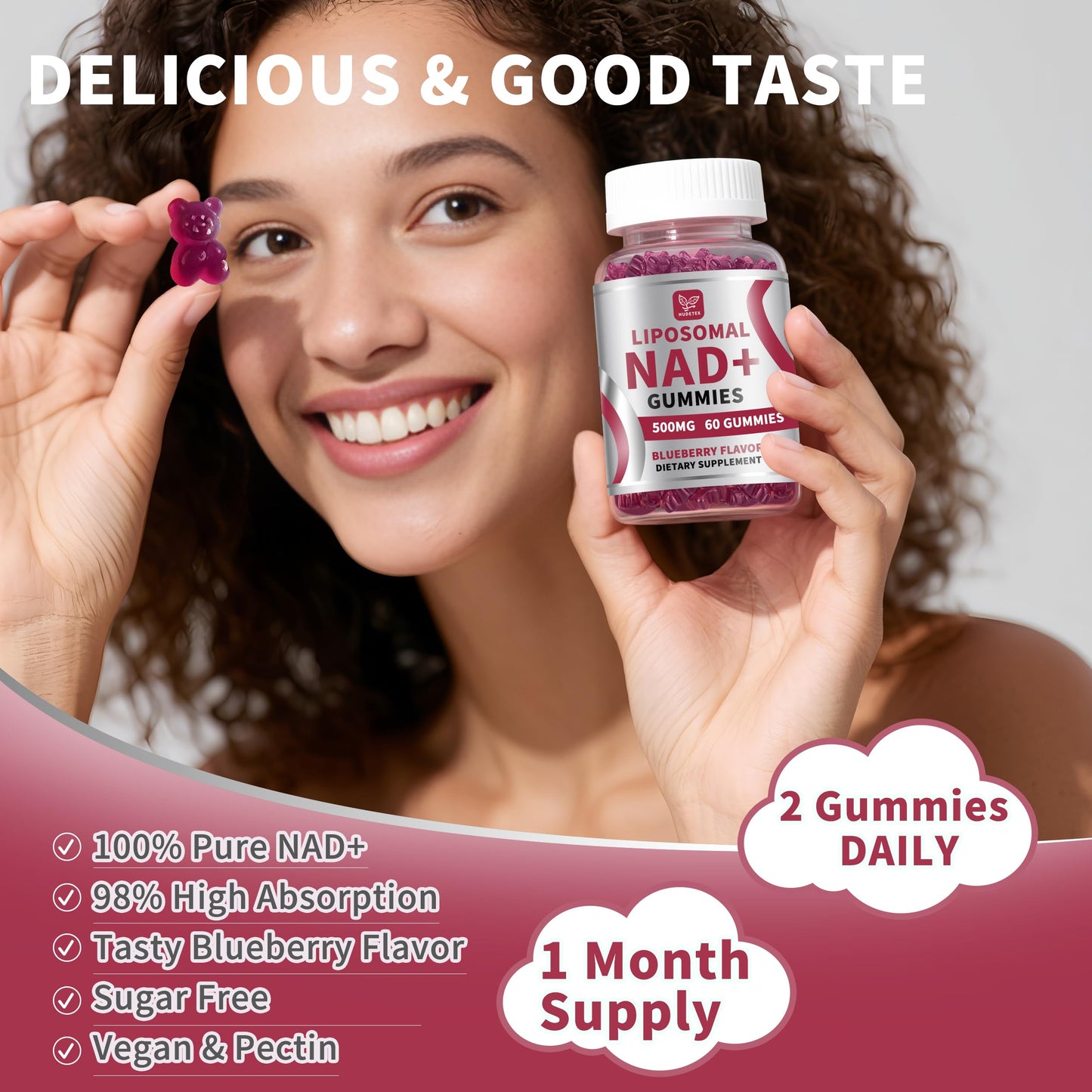Hudetex NAD Gummies for Women & Men, 500mg Liposomal NAD, Blueberry Flavor, 120 Gummies