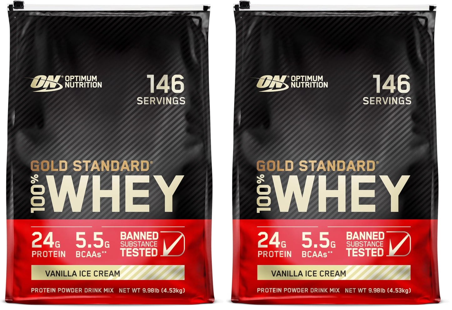 Optimum Nutrition Gold Standard 100% Whey Protein Powder Vanilla Ice Cream, 10 Pound Pack of 2