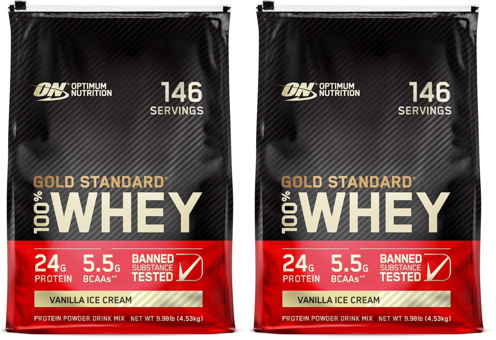 Optimum Nutrition Gold Standard 100% Whey Protein Powder Vanilla Ice Cream, 10 Pound Pack of 2