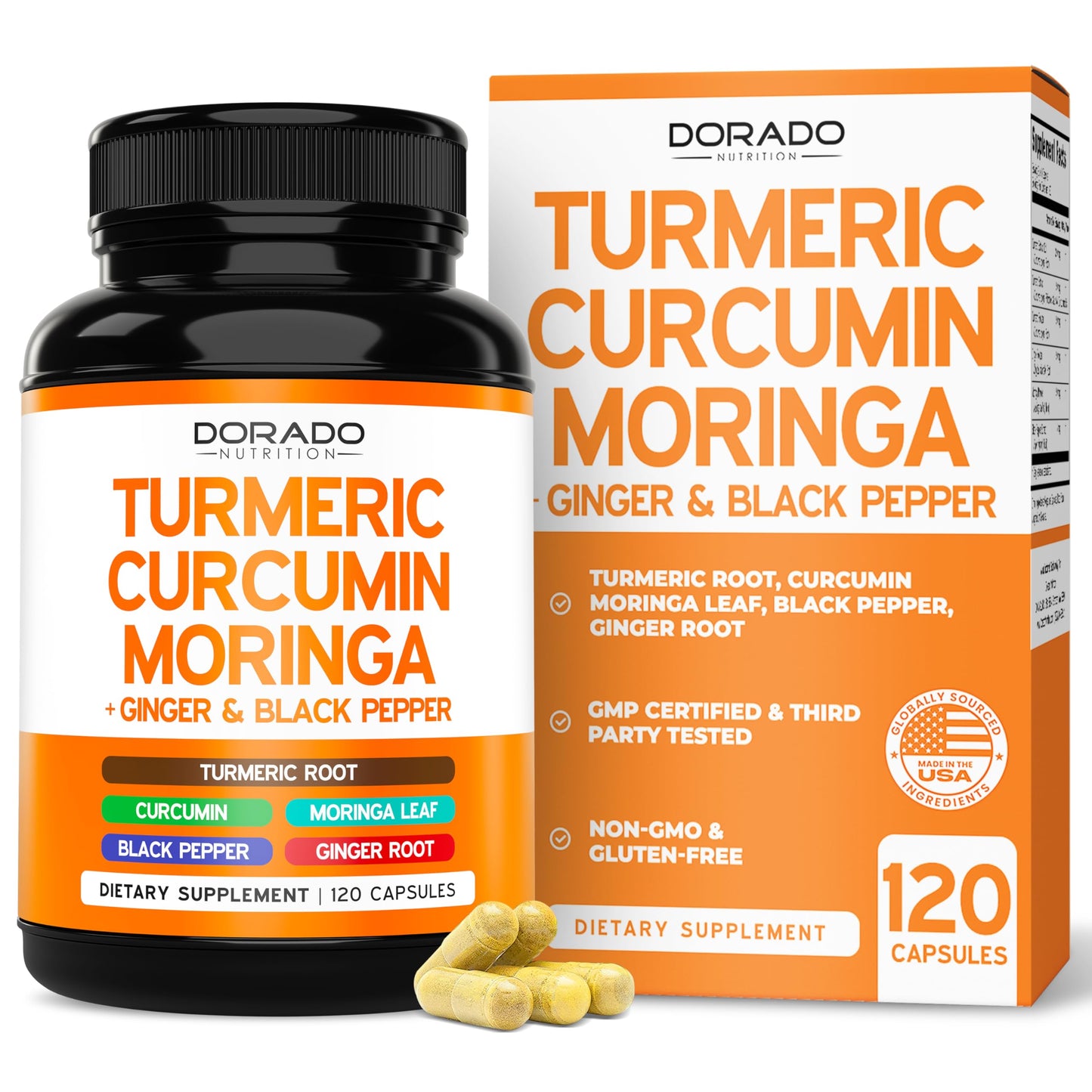DORADO NUTRITION Turmeric Curcumin Supplement with Black Pepper, Ginger, Moringa (Made with 95% Curcuminoids) Third Party Tested, Non-GMO, Gluten Free - USA Made - 120 Capsules