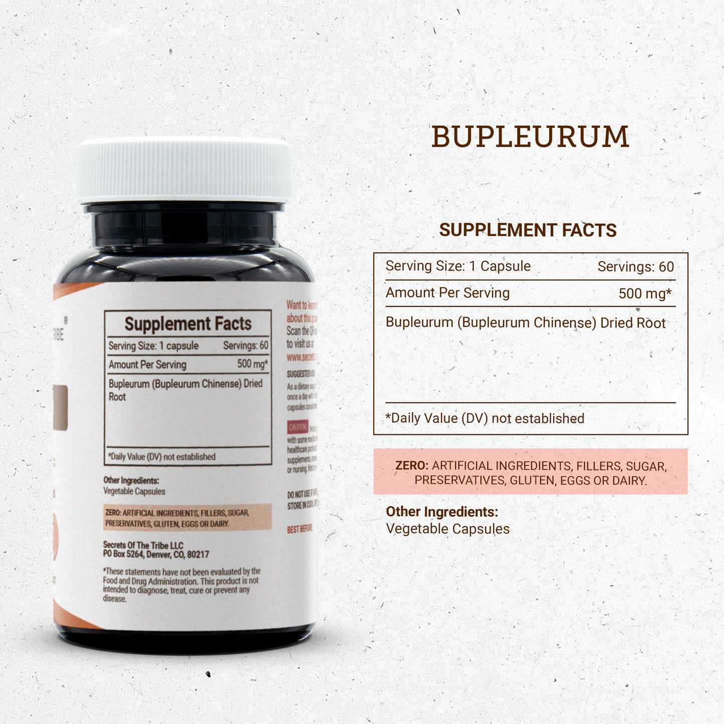 Secrets of the Tribe Bupleurum 500 mg Capsules, Bupleurum Chinense Dried Root, 60 Count