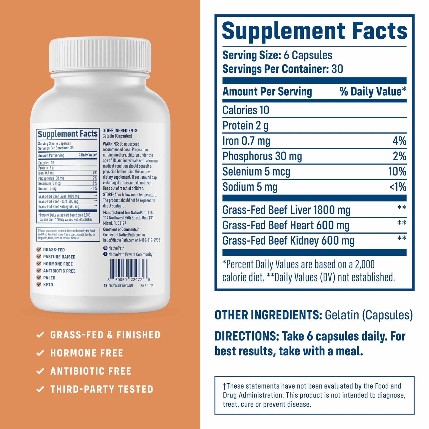 NativePath Beef Organ Complex, Liver Heart Kidney Capsules, 180 Count