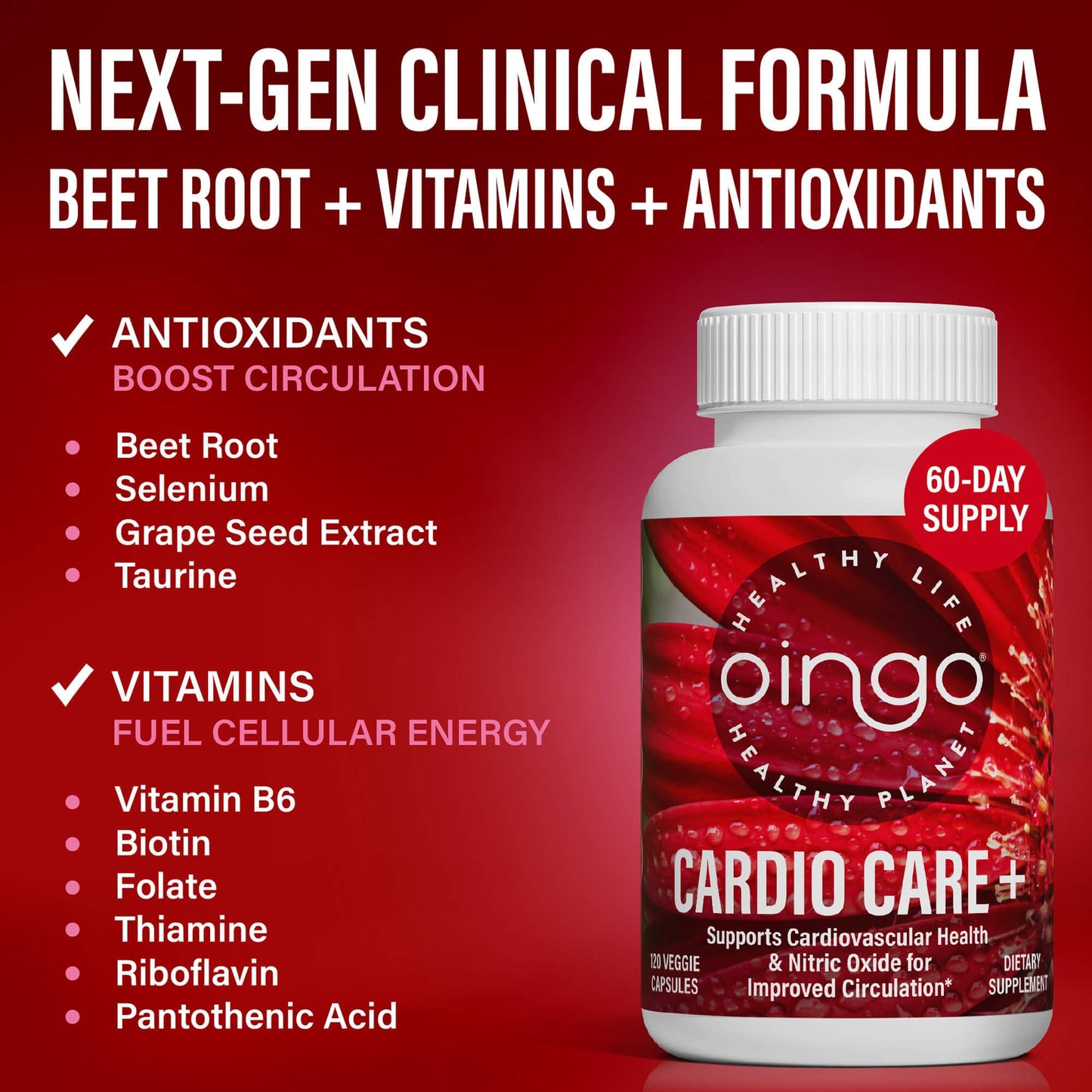 Oingo Cardio Care + Heart Health Formula Nitric Oxide Booster with Beet Root Powder, Grape Seed Extract, Taurine, B Vitamins for Blood Flow & Blood Pressure Support, Gluten Free, 120 Capsules