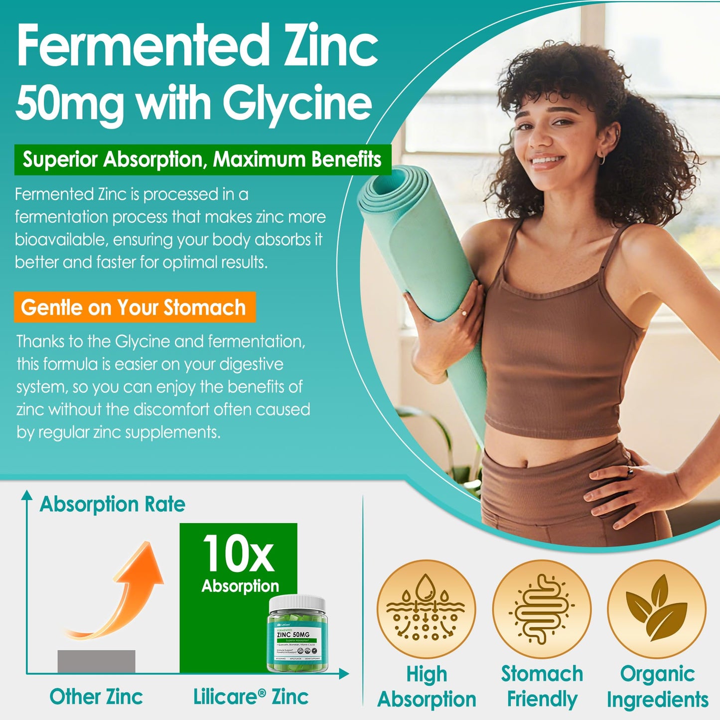 LILICARE Fermented Zinc Gummies with Vitamin C & D3, 50mg Zinc, 60 Gummies