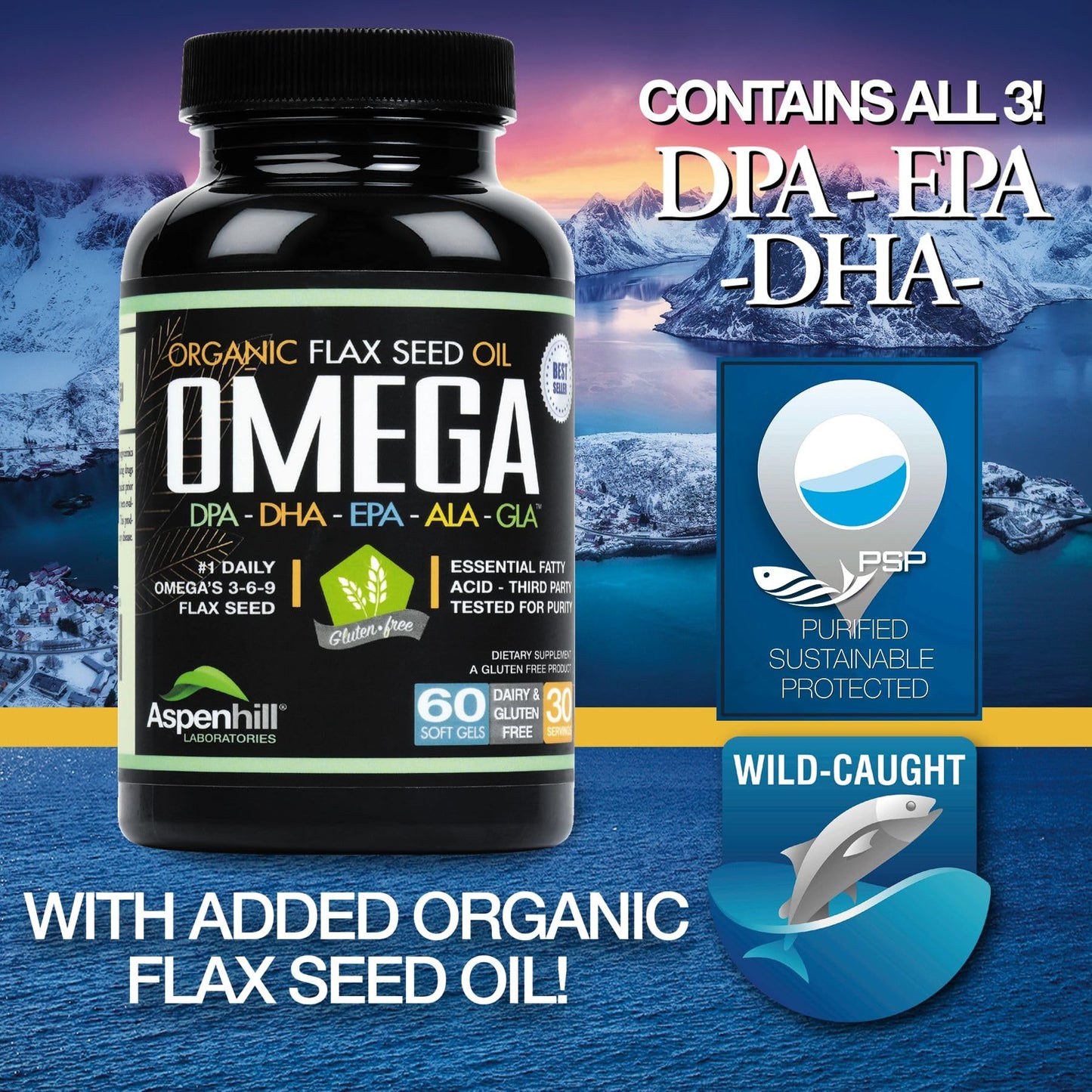 Aspenhill Laboratories Wild Caught Antarctic Omega-3 Fish Oil Super Blend with DPA, EPA, DHA, ALA and GLA with Added Organic Flax Seed Oil Softgels, 60 Count