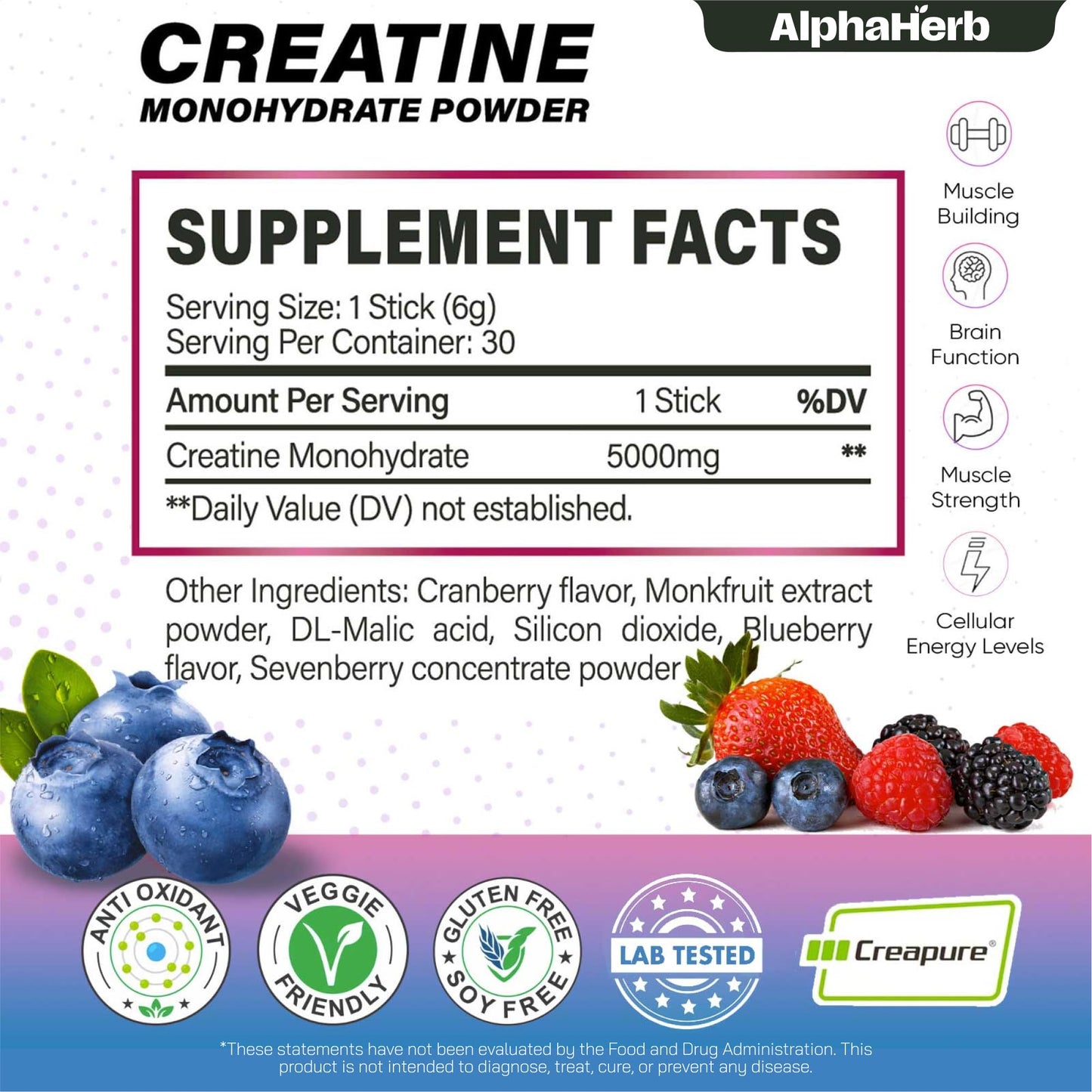 AlphaHerb Creatine Monohydrate Powder Packets to Travel – 5g, 30 Packets
