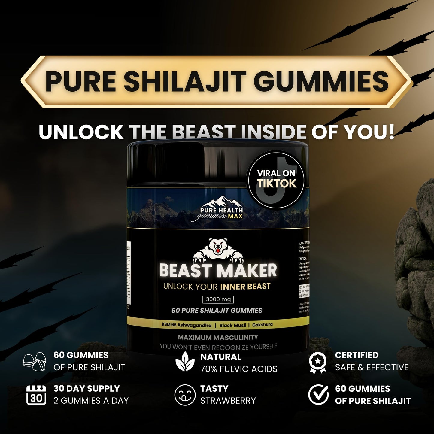 PURE HEALTH MAX Beast Maker Pure Shilajit for Men 60 Gummies
