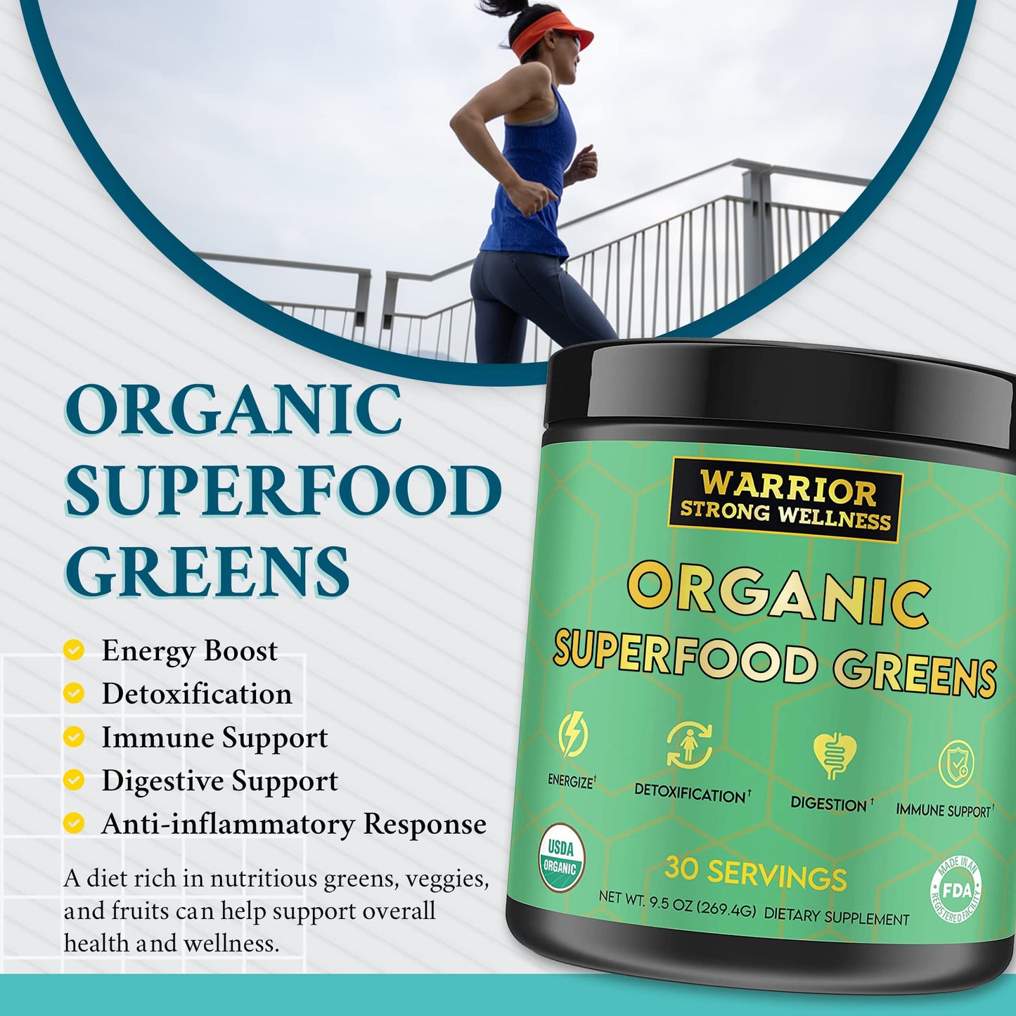 Warrior Strong Wellness Certified Organic Greens Powder 9.5 Ounce