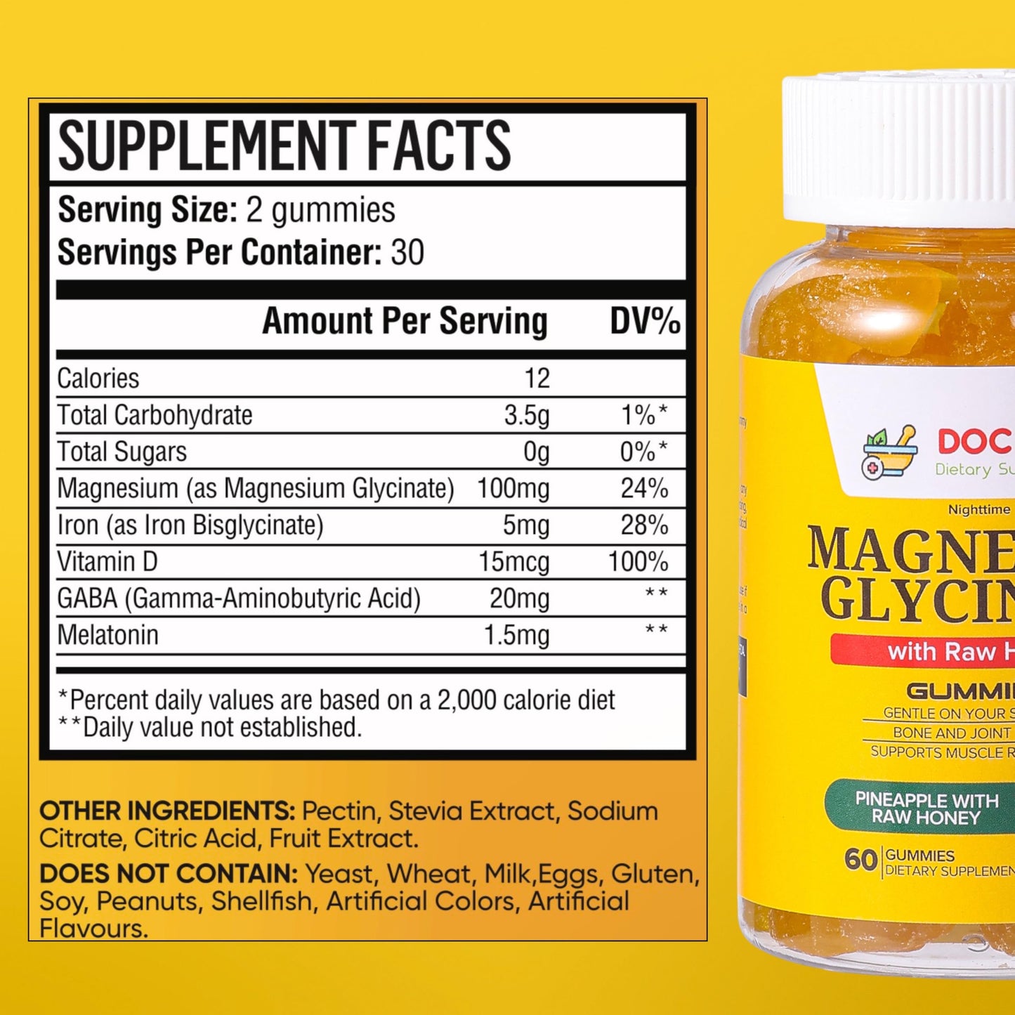 Doc Mila Magnesium Glycinate Gummies 100mg for Kids and Adults - Glicinato de Magnesio, Gummy, 60 Count