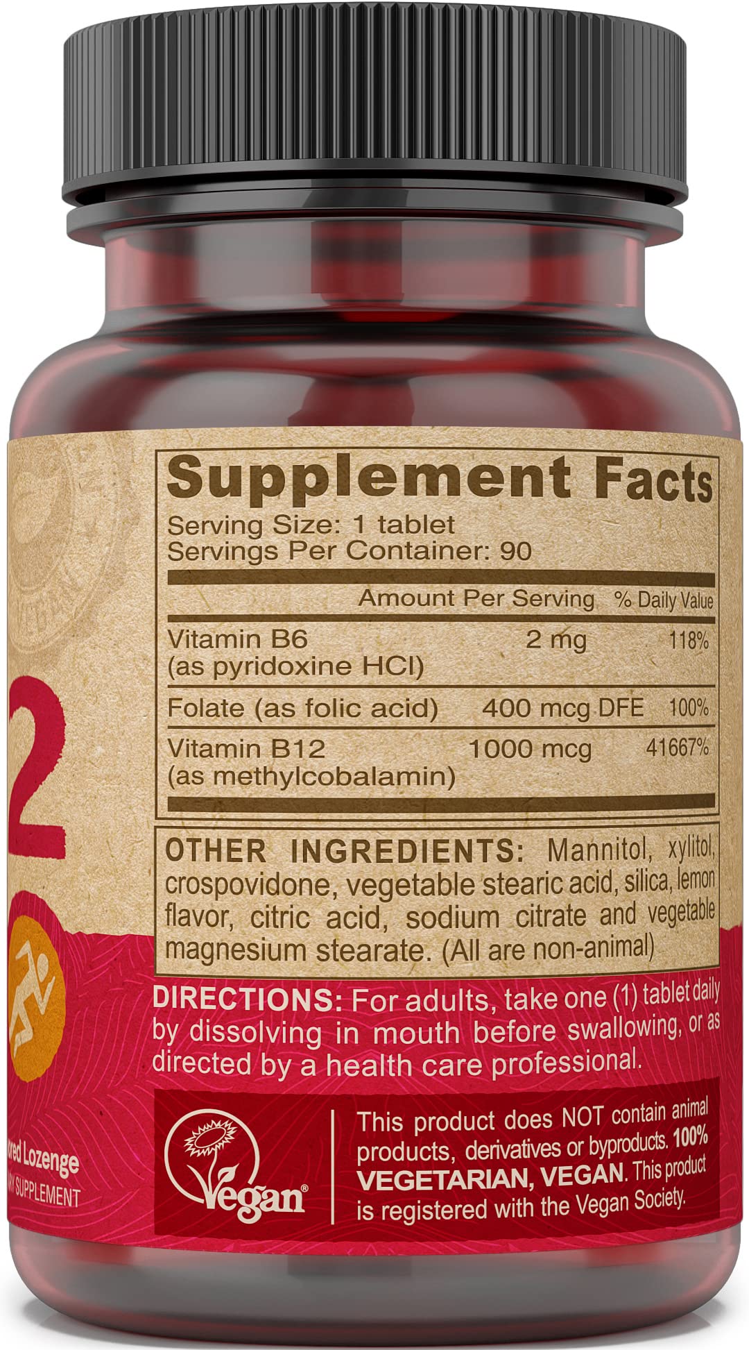 DEVA Vegan Vitamin B12 Fast Dissolve Supplement - Once-Per-Day Complex with 1000 mcg Methylcobalamin B12, Folic Acid, B6 - Lemon Flavor, 90 Tablets