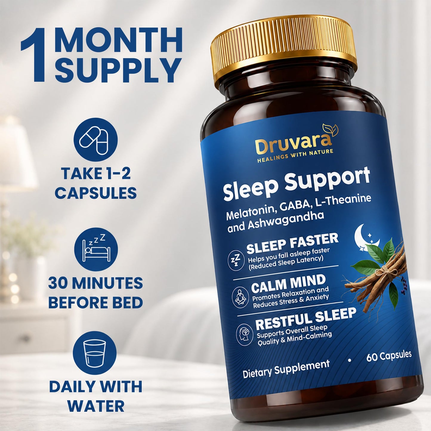 Druvara Natural Sleep Aid for Adults with Melatonin, GABA, L-Theanine & Ashwagandha, 60 Capsules