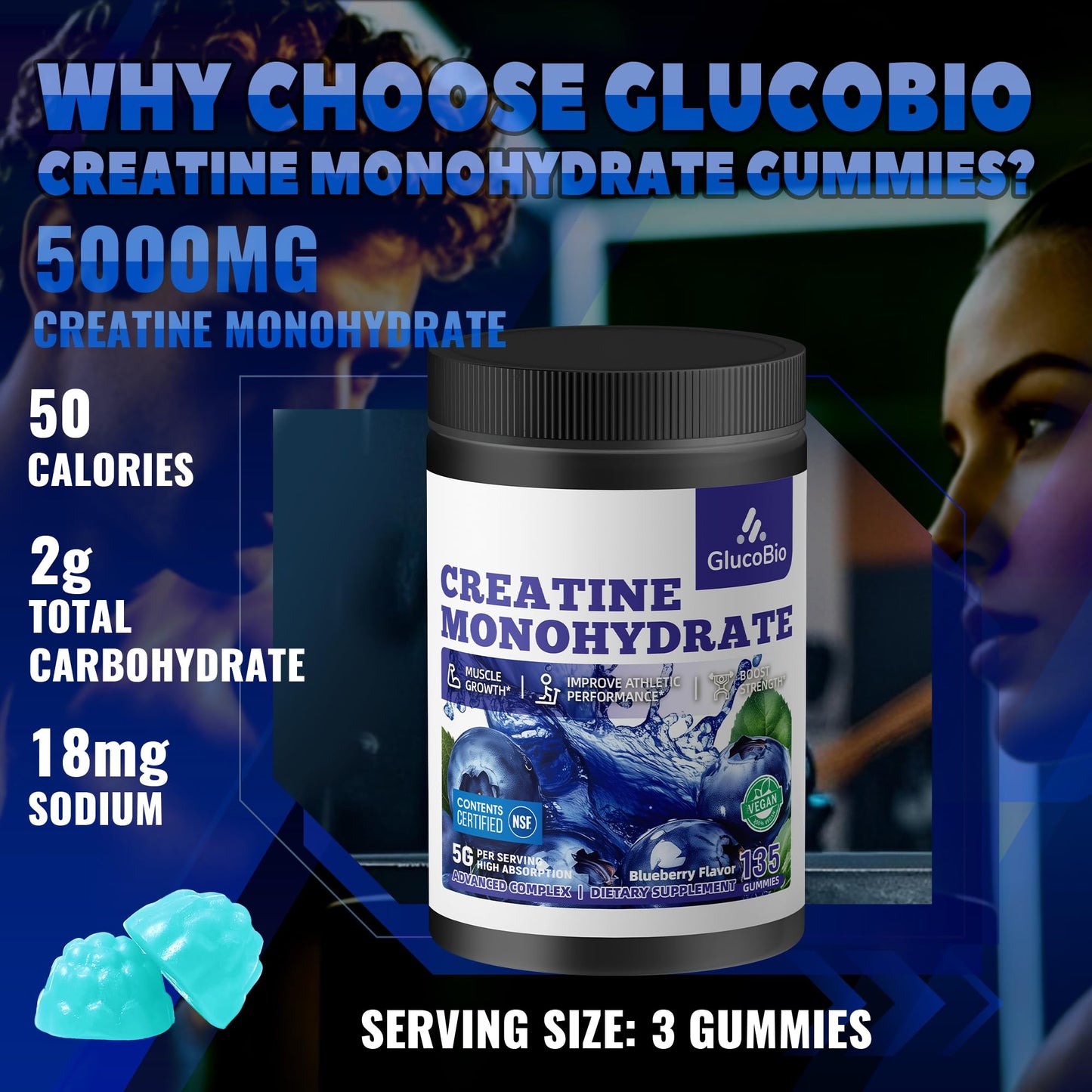 GlucoBio Creatine Monohydrate Gummies, 135 Count