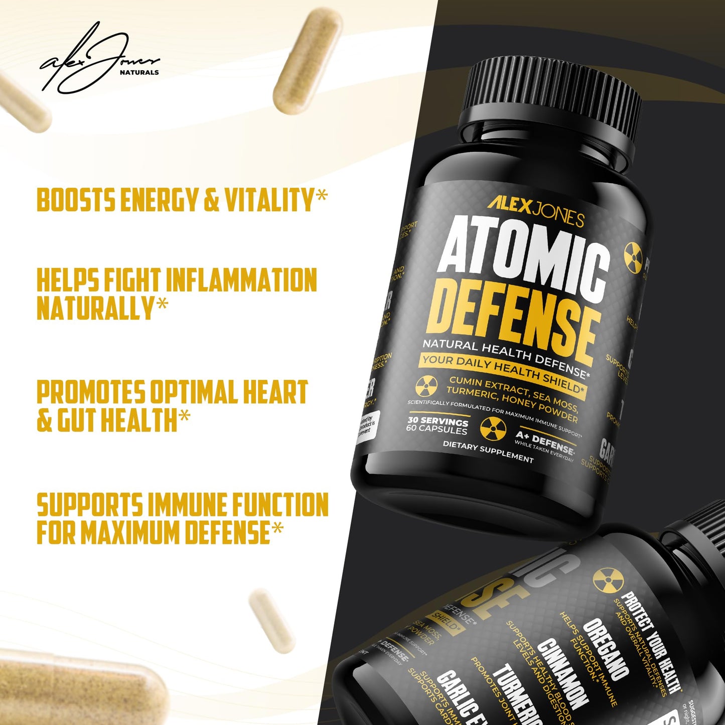Alex Jones Naturals Atomic Defense – Natural Health Defense Formula - Organic Seamoss Capsules w/Cumin Extract, Turmeric & Honey Powder – Plant-Based Herbal Supplements for Immune Support – 60 Count