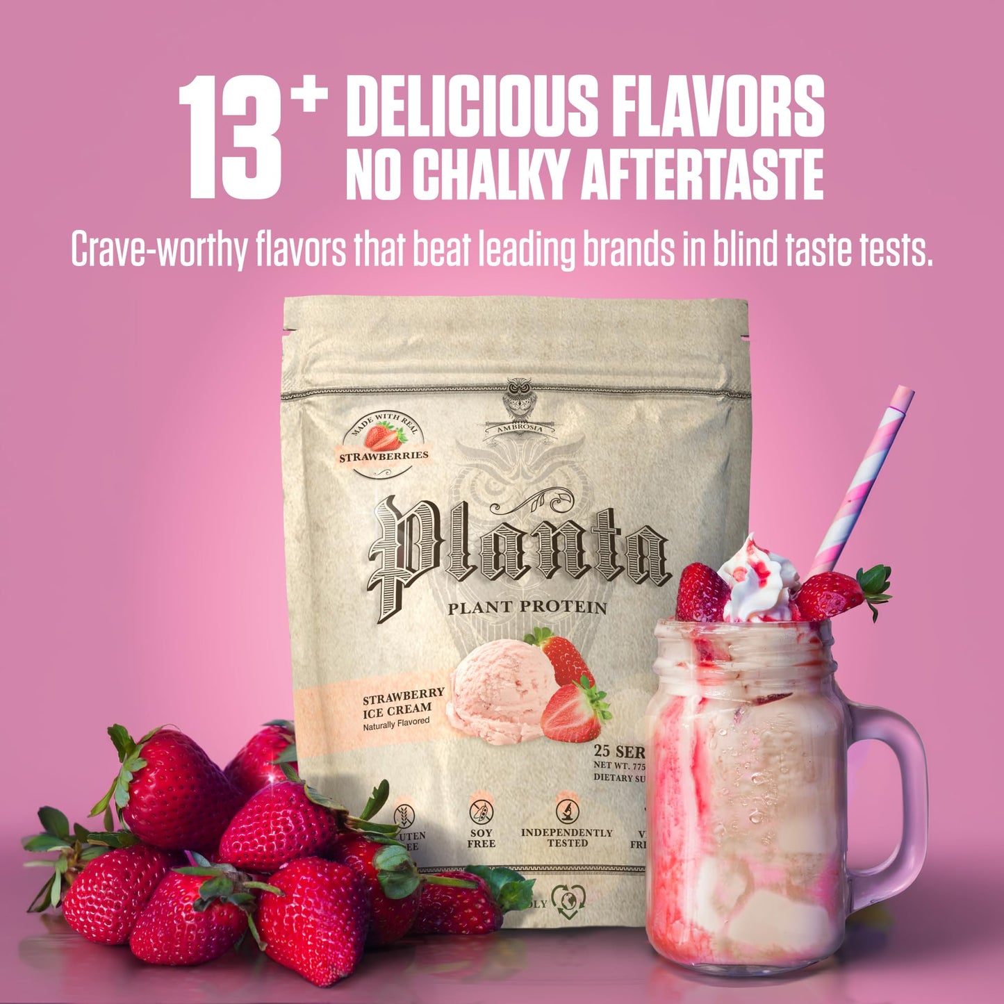 Ambrosia Plant Based Pea Protein Powder Strawberry Ice Cream Flavor, 25 Servings