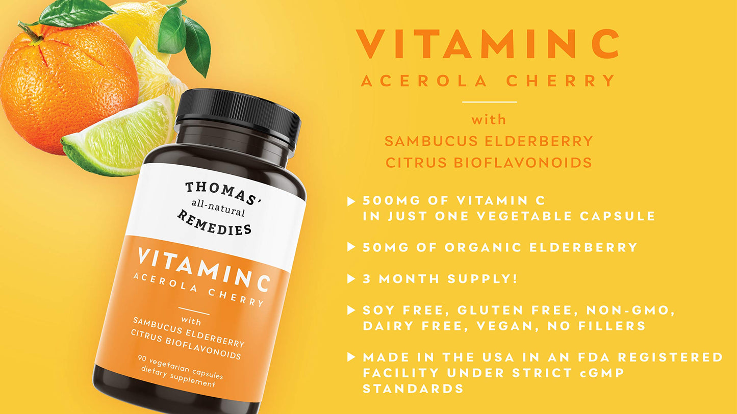 Thomas' all-natural Remedies Vitamin C Supplement with Organic Elderberry Capsules 90 Count