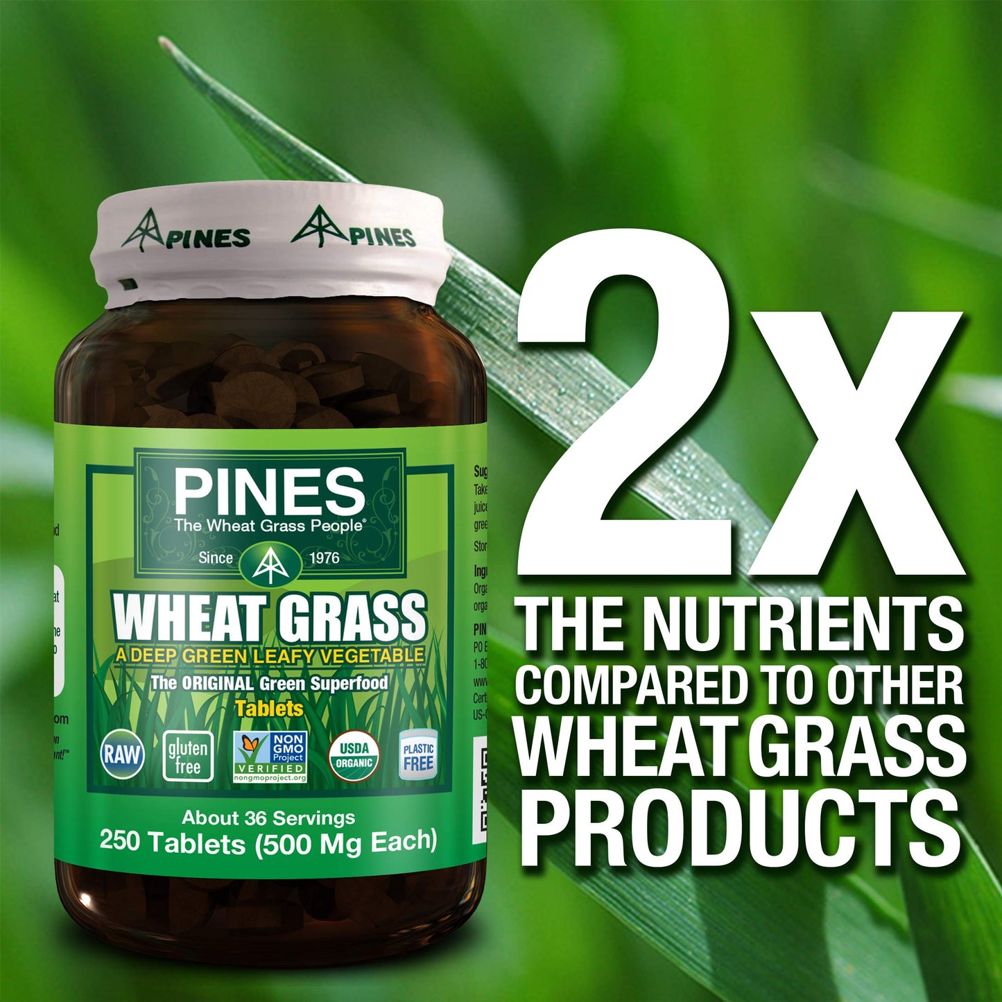Pines Organic Wheat Grass Tablets, 250 Count