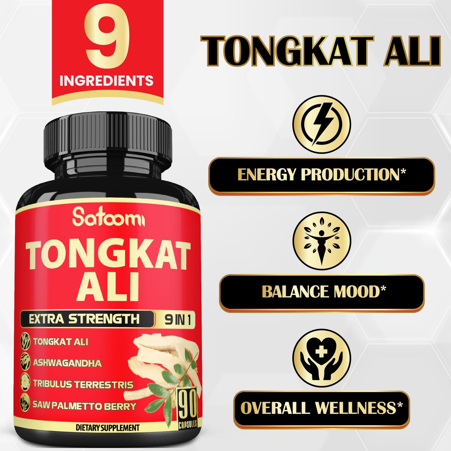Satoomi 9in1 Tongkat Ali Root Extract - Ashwagandha, Tribulus Terrestris, Capsules, 90 Count