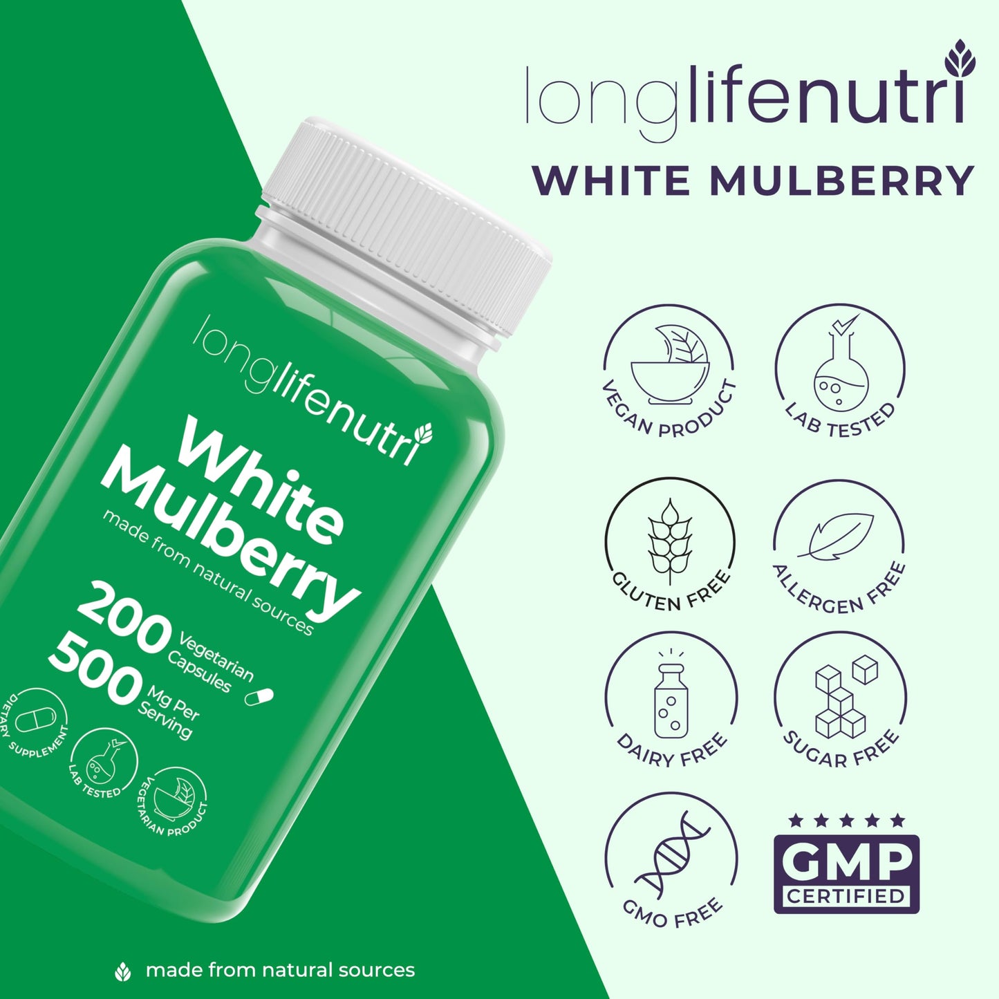 LongLifeNutri White Mulberry Leaf Extract 500mg Capsule, 200 Count
