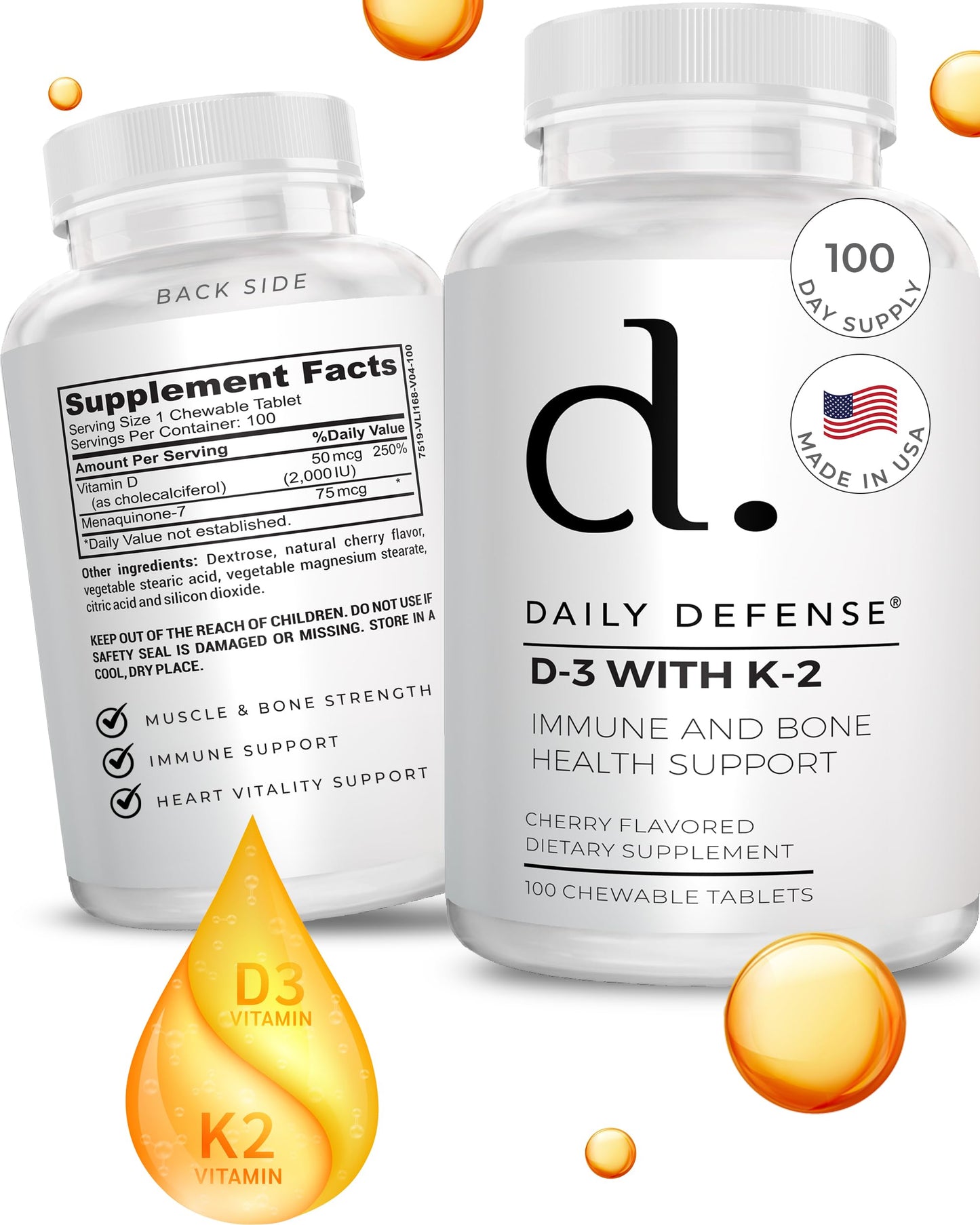 Daily Defense Vitamin D3 K2 2000IU Chewable 100 Tablets
