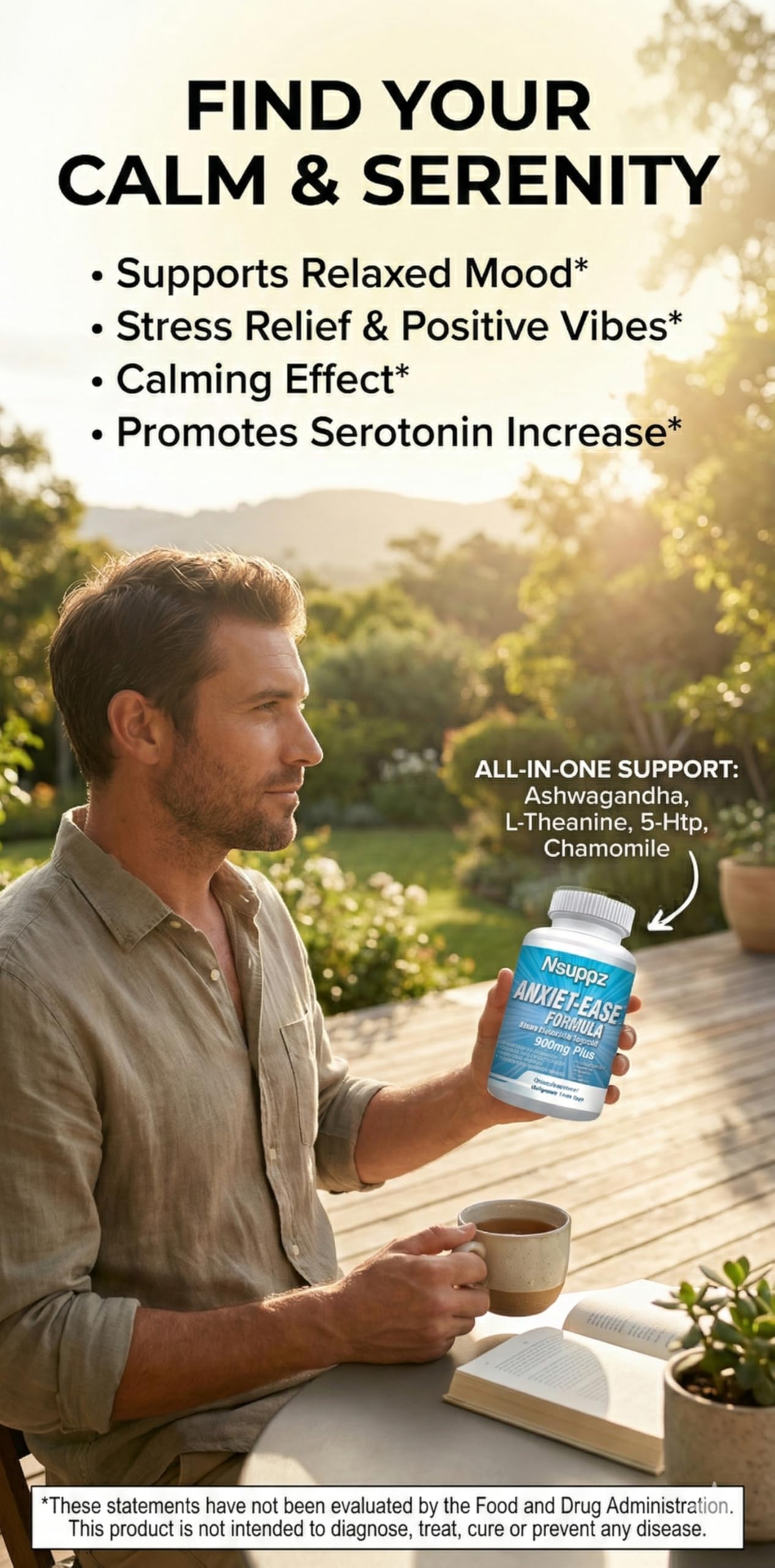 Global Creations Natural Mood & Serotonin Support - Nutrisuppz Anxiet-Ease Formula with Ashwagandha, L-Theanine, GABA, 5-HTP, Magnesium Capsules 60
