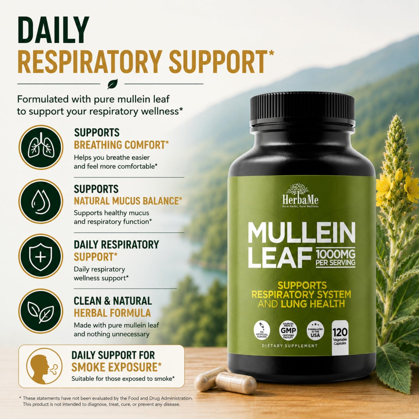 HerbaMe Mullein Leaf 1000mg Capsules, 120 Count
