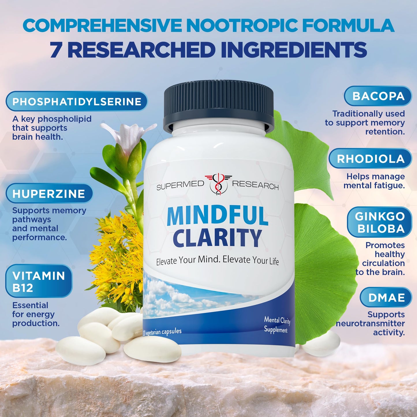 Supermed Research Nootropic Brain Supplement for Focus, Memory & Mental Clarity – Brain Support Formula with Bacopa, Rhodiola, Ginkgo Biloba, Huperzine, DMAE & Vitamin B12 – Vegan, 120 Capsules