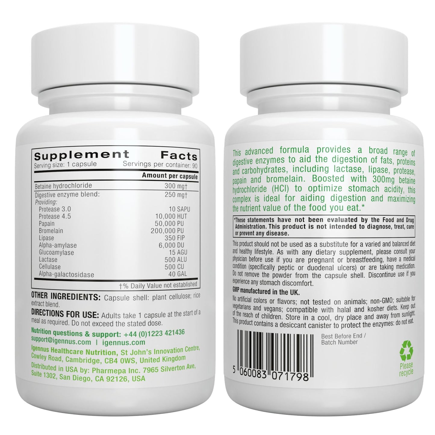 Igennus Healthcare Nutrition Fast Action Digestive Enzymes & Betaine HCl, 10 Broad Spectrum Enzymes with Protease, Lipase & Lactase, Papain & Bromelain, Plant-Based Vegan, Clean Label, for Women and Men, Capsule, 90