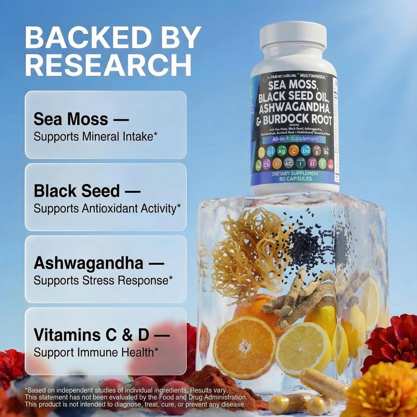 Clean Nutraceuticals Sea Moss Black Seed Oil Ashwagandha Turmeric Bladderwrack Burdock & Vitamin C Vitamin D3 with Elderberry Manuka Dandelion Yellow Dock Iodine Chlorophyll ACV Capsules 60 Count