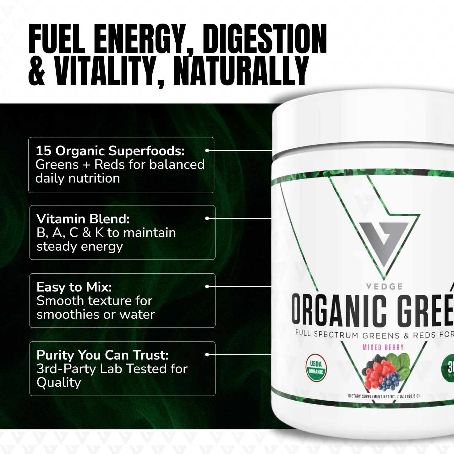 VEDGE Greens Powder, Super Greens Powder, Mixed Berry, 7 Ounces