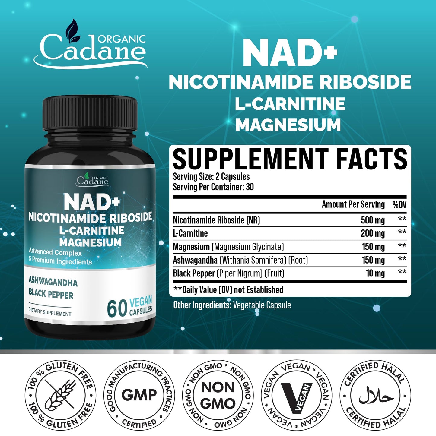 Organic Cadane Nicotinamide Riboside with L-Carnitine, Magnesium Glycinate, Ashwagandha, 60 Capsules