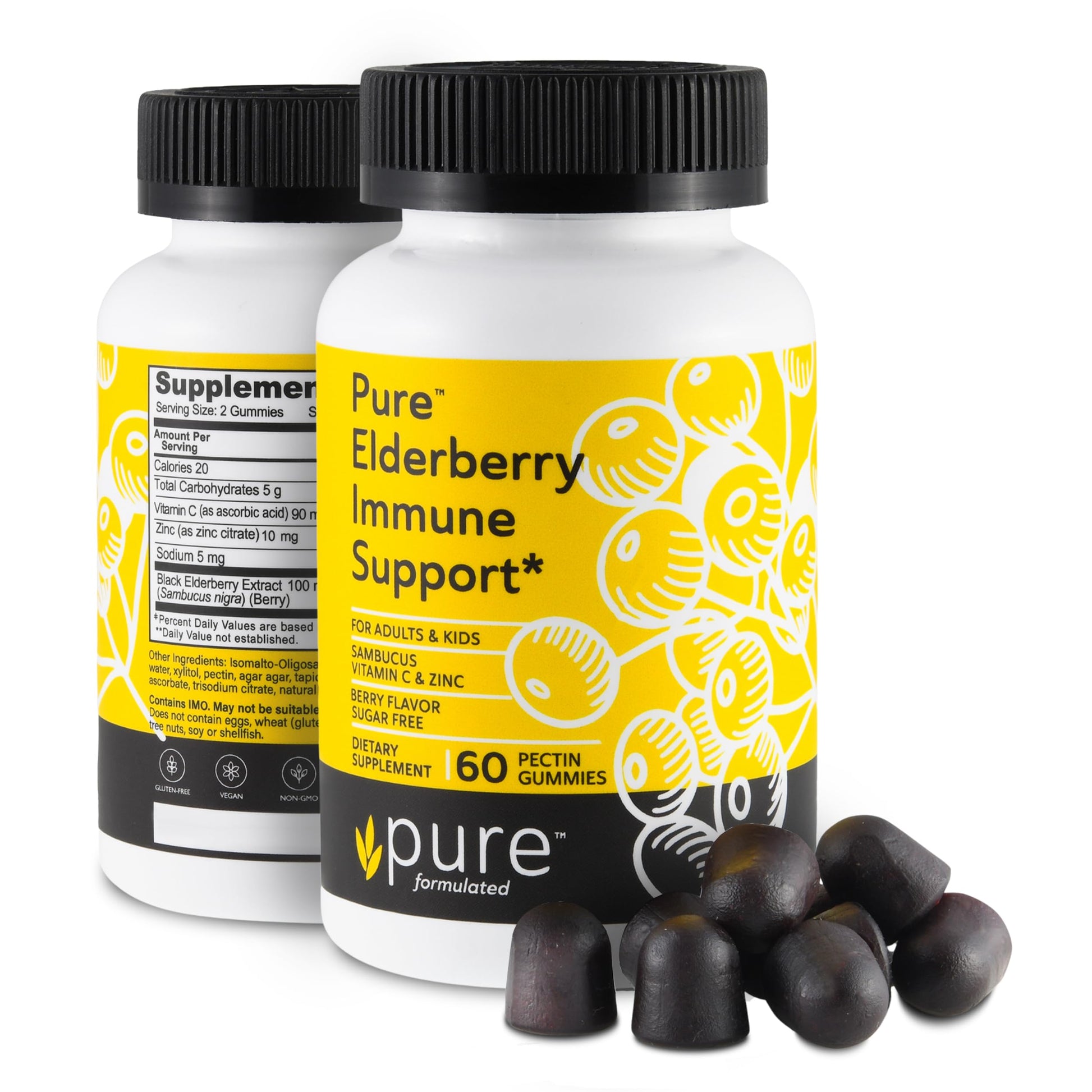 Pure Formulated Sambucus Elderberry Gummies with Vitamin C & Zinc Sugar-Free Immune Gummies for Adults & Kids Organic Elderberry Gummies 60 Count
