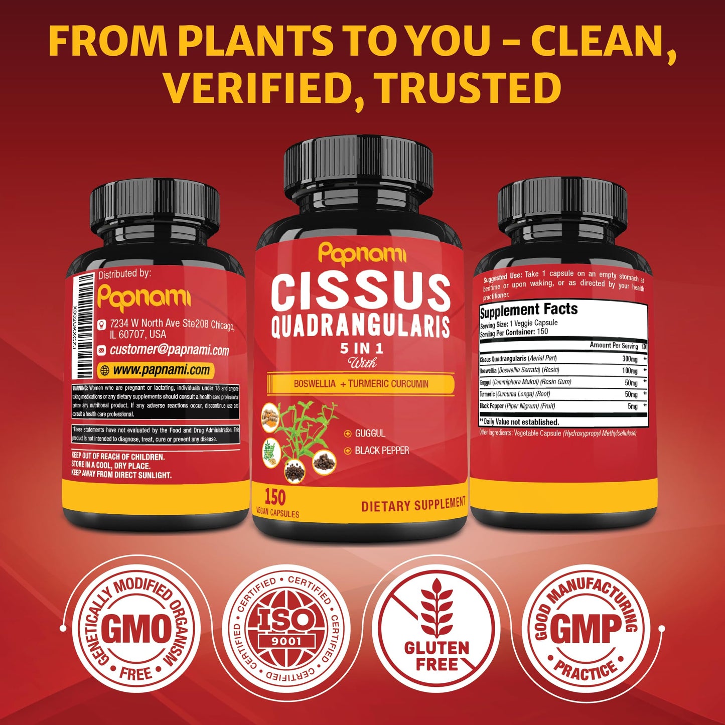 Papnami Cissus Quadrangularis Capsules with Boswellia, Guggul, Turmeric, Black Pepper Extract, 150 Capsules