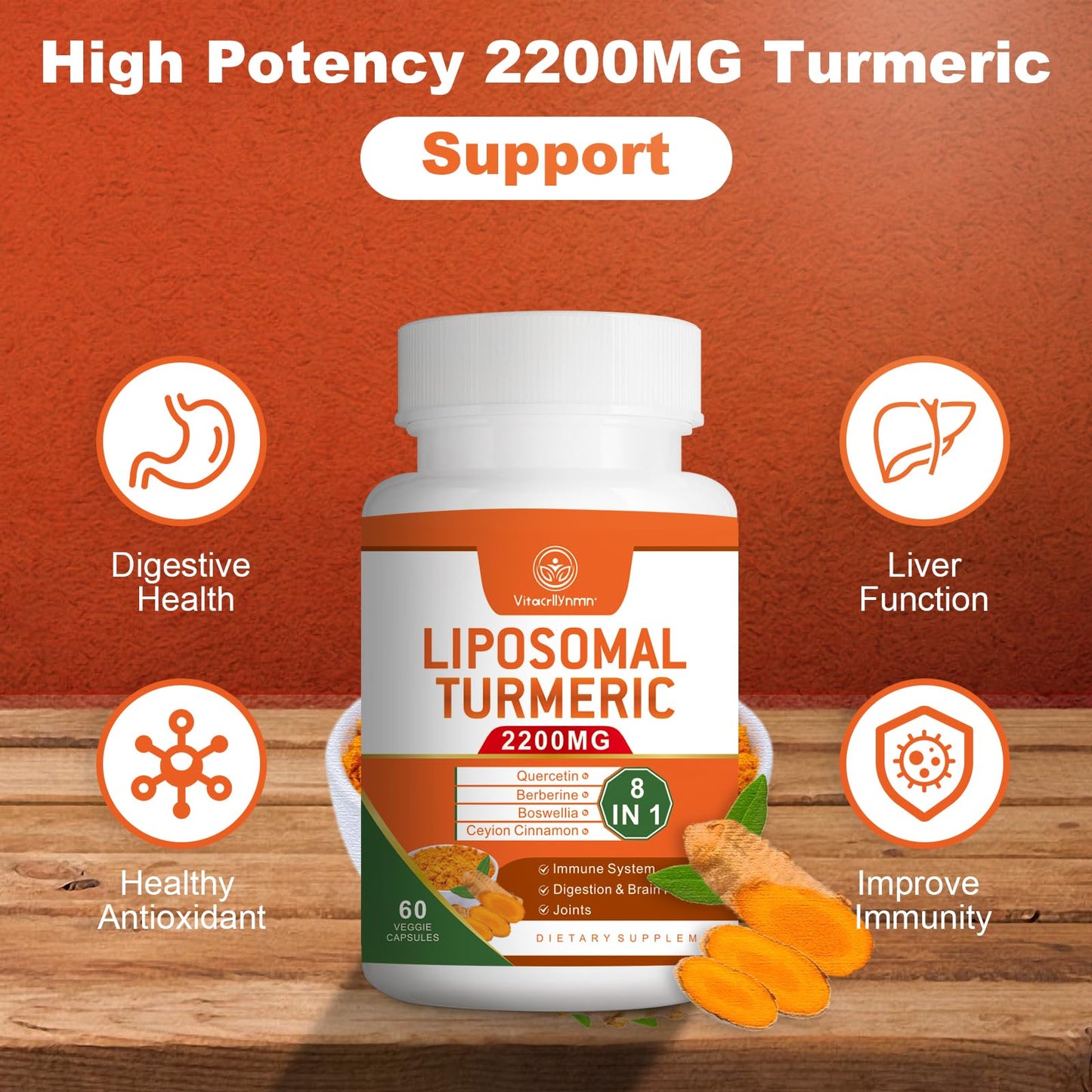 VITACRLLYNMN 2200mg Liposomal Turmeric Curcumin Supplement 95% Curcumin Extract for Joint Support Capsule 180
