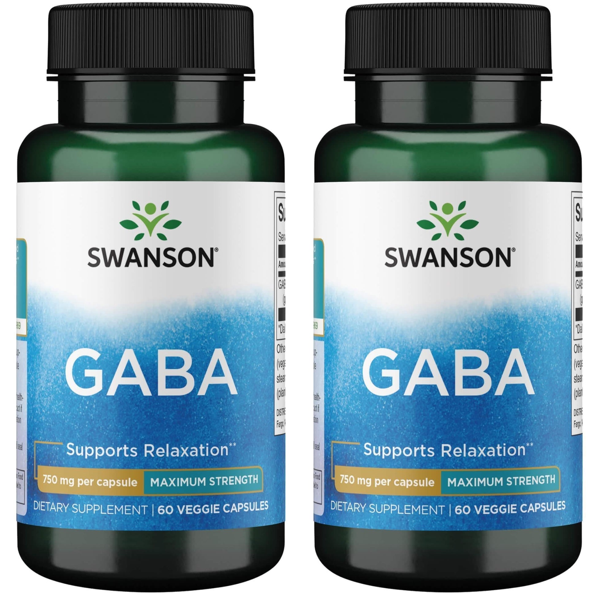 Swanson Amino Acid Maximum Strength GABA 750 mg Capsules, 60 Veg Capsules, 2-Pack