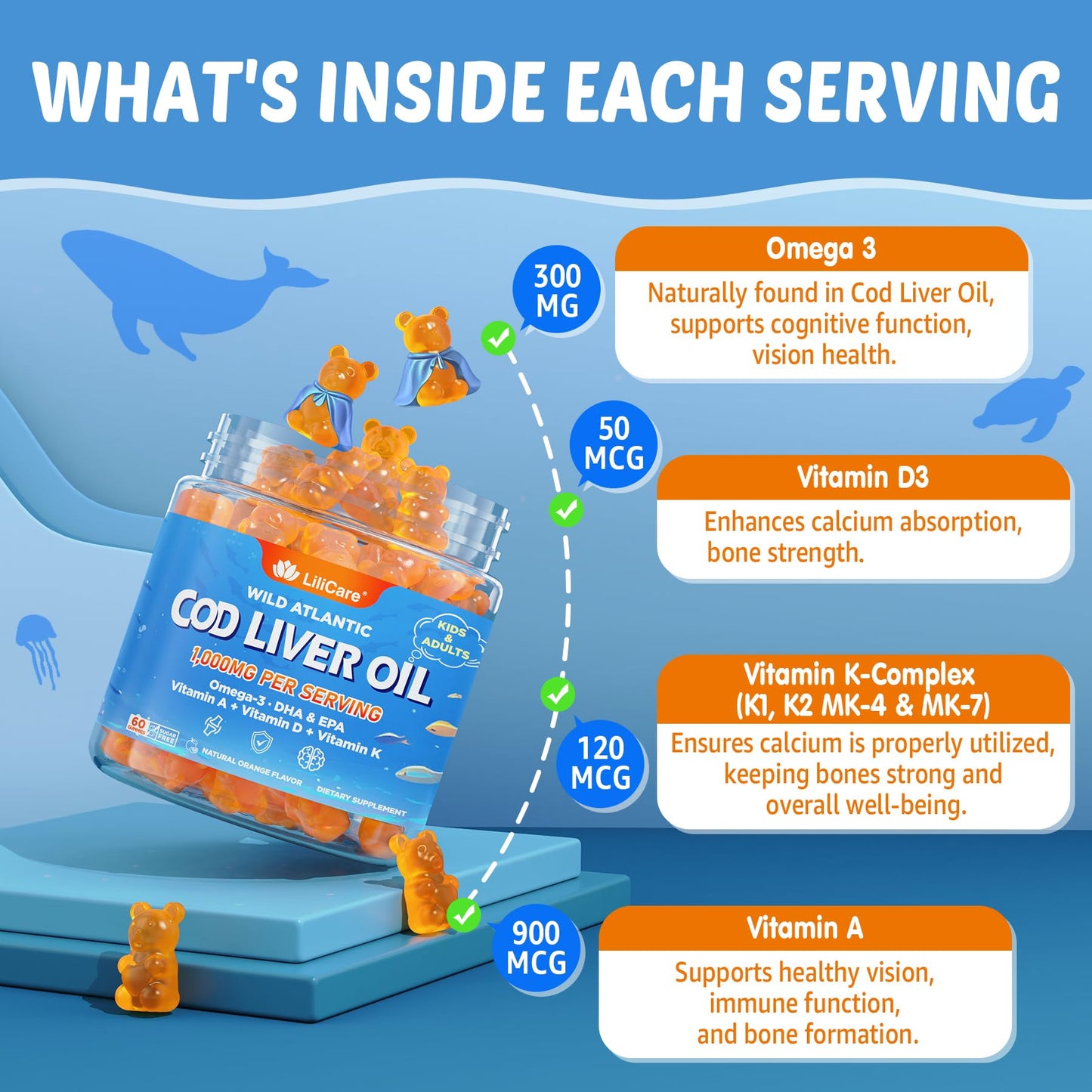 LILICARE Cod Liver Oil Gummies 1000mg with Omega-3 (EPA & DHA), Vitamins A, D3 & K2, Immune & Brain Support, Sugar-Free, Orange Flavor, 120 Gummies