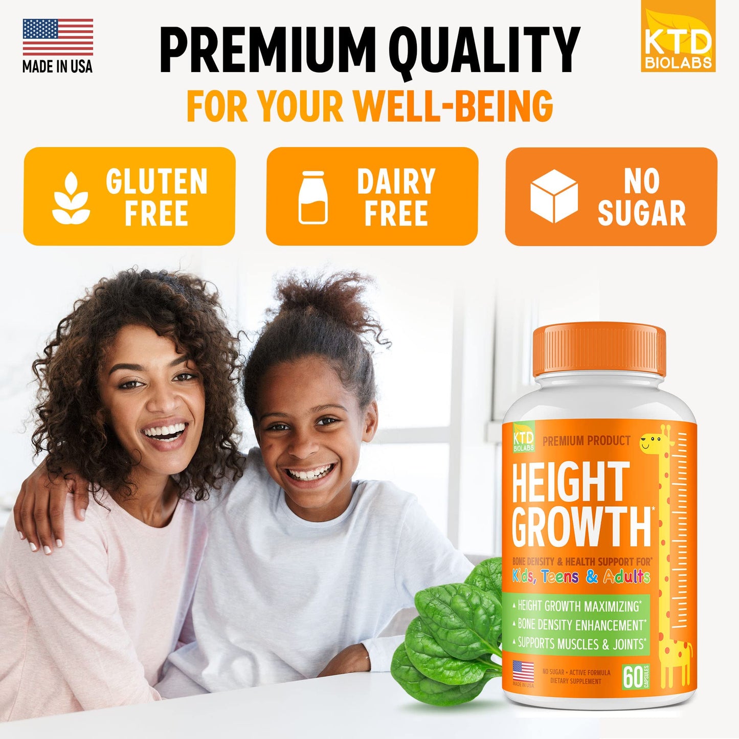 KTD BIOLABS Kids Height Growth Support Capsules – Daily Development Formula with Calcium, Vitamin D3 & Zinc – Amino Blend, Bone & Nutrition Support for Kids & Teens, 60 Capsules