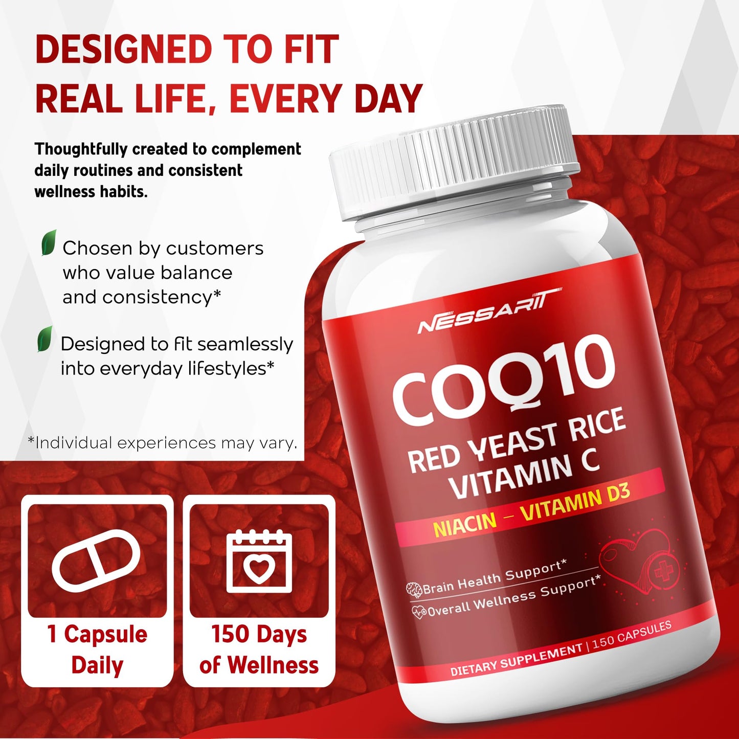 NESSARIT COQ10 + Red Yeast Rice Supplement - 10-in-1 Natural Blend with Omega 3 Vitamin B3, K2, D3, Zinc Milk Thistle Black Pepper Capsules 150 Count