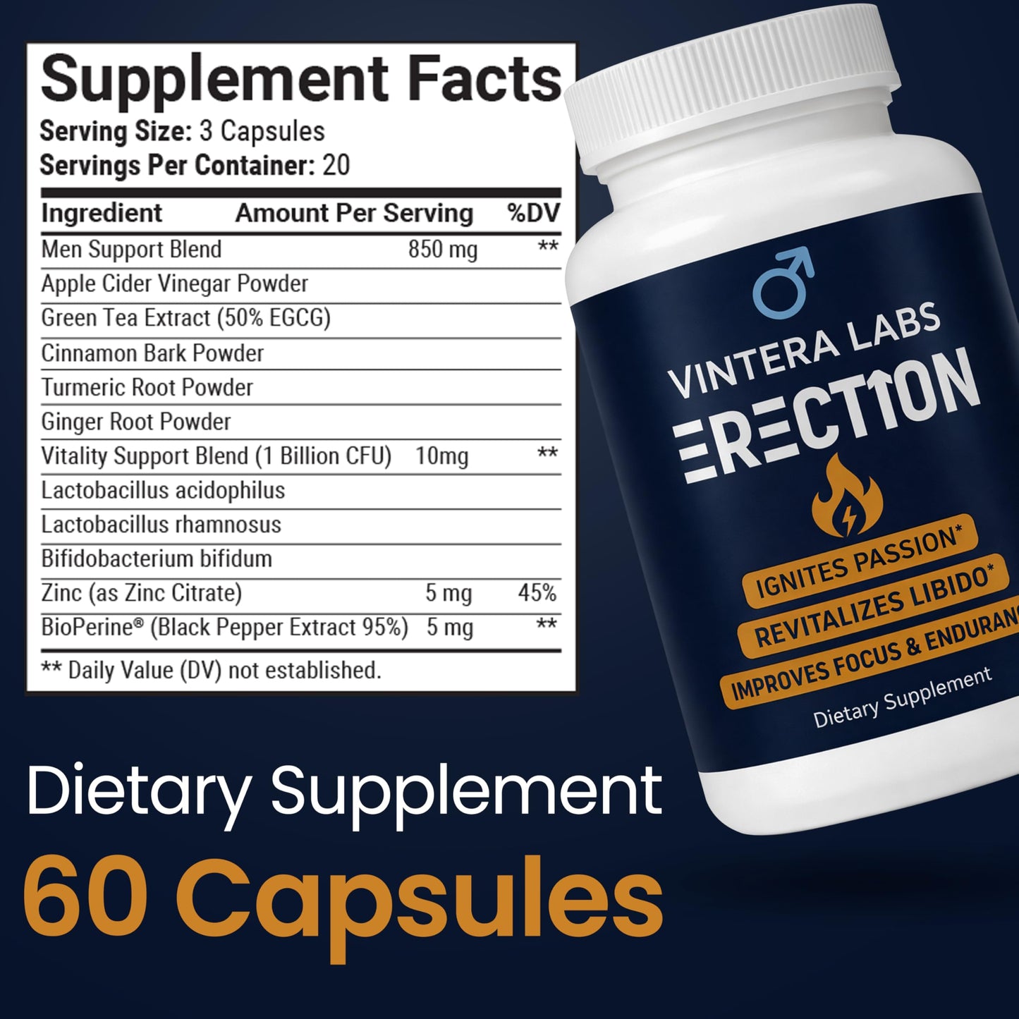 VINTERA LABS Fast Acting Male Enhancement Pills for Performance, Intimacy, Blood Flow, and Hardness, 60 Capsules