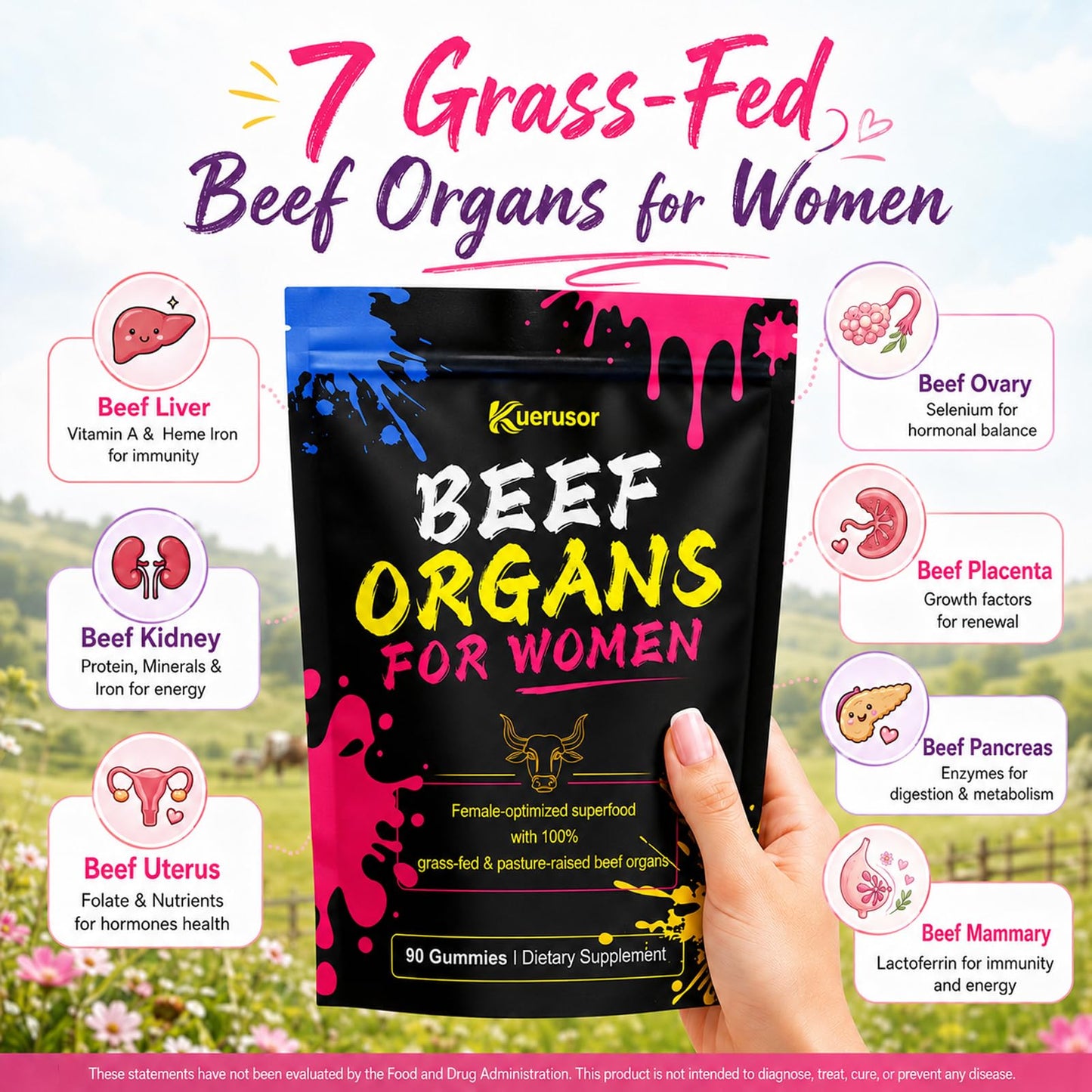 Kuerusor Beef Organ Supplement for Women, 100% Grass-Fed Gummy, 90 Count