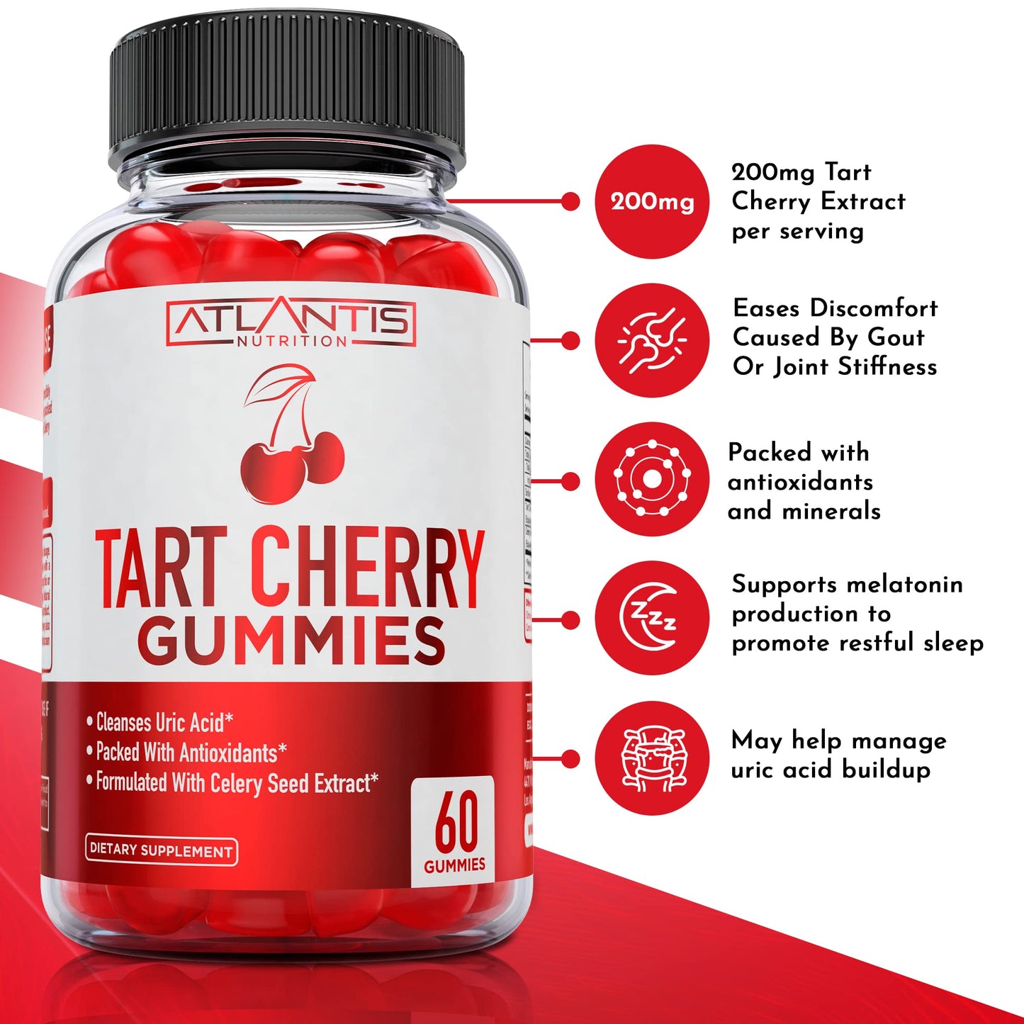 Atlantis Nutrition Keto Apple Cider Vinegar Gummies + Tart Cherry Gummies with Celery Seed Extract, 60 Gummies