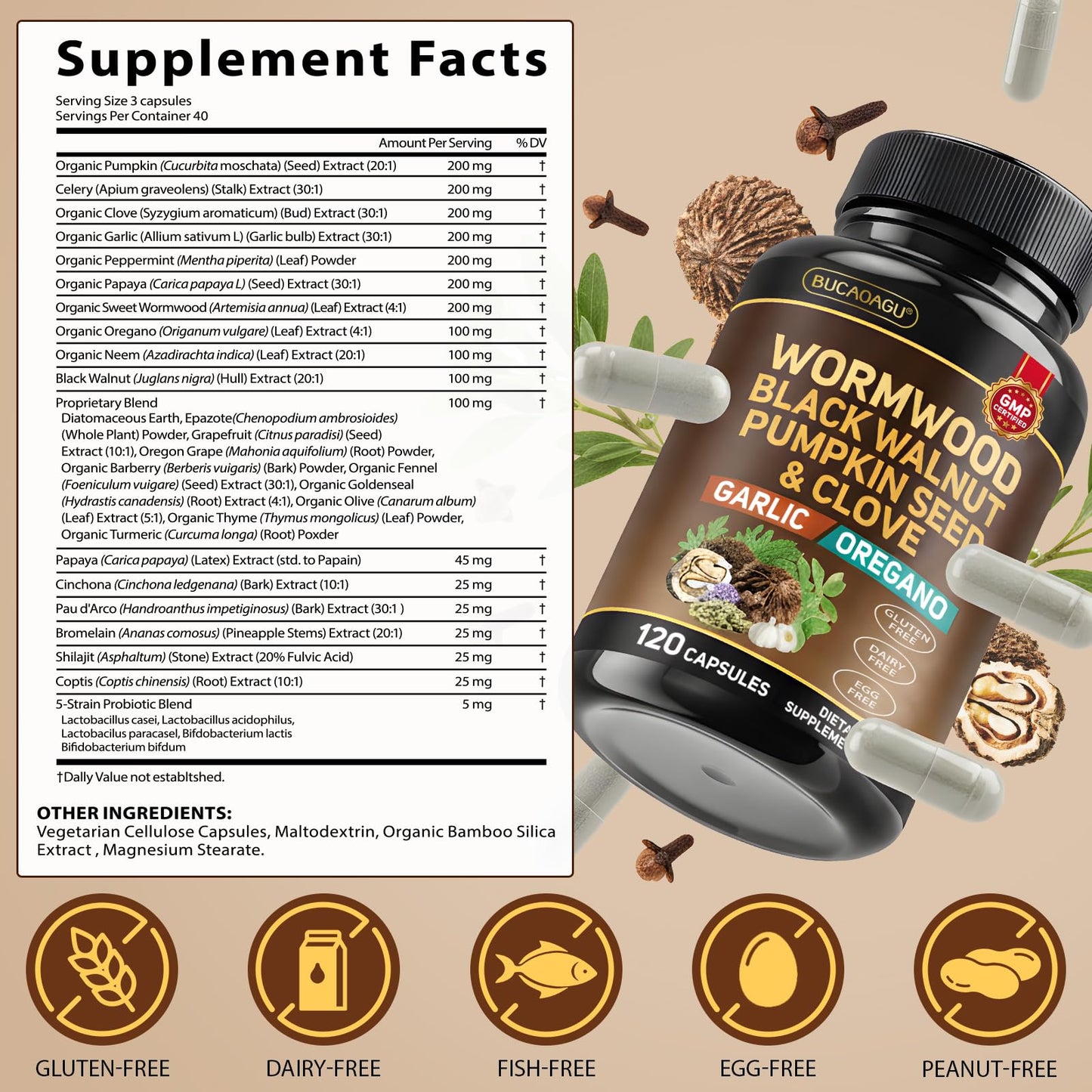 BUCAOAGU Wormwood Black Walnut Clove Cleanse for Humans - Natural Gut Cleanse & Digestive Health with Pumpkin Seed Garlic Oregano Neem Papaya Turmeric Diatomaceous Earth Probiotic Supplement 120 Capsules
