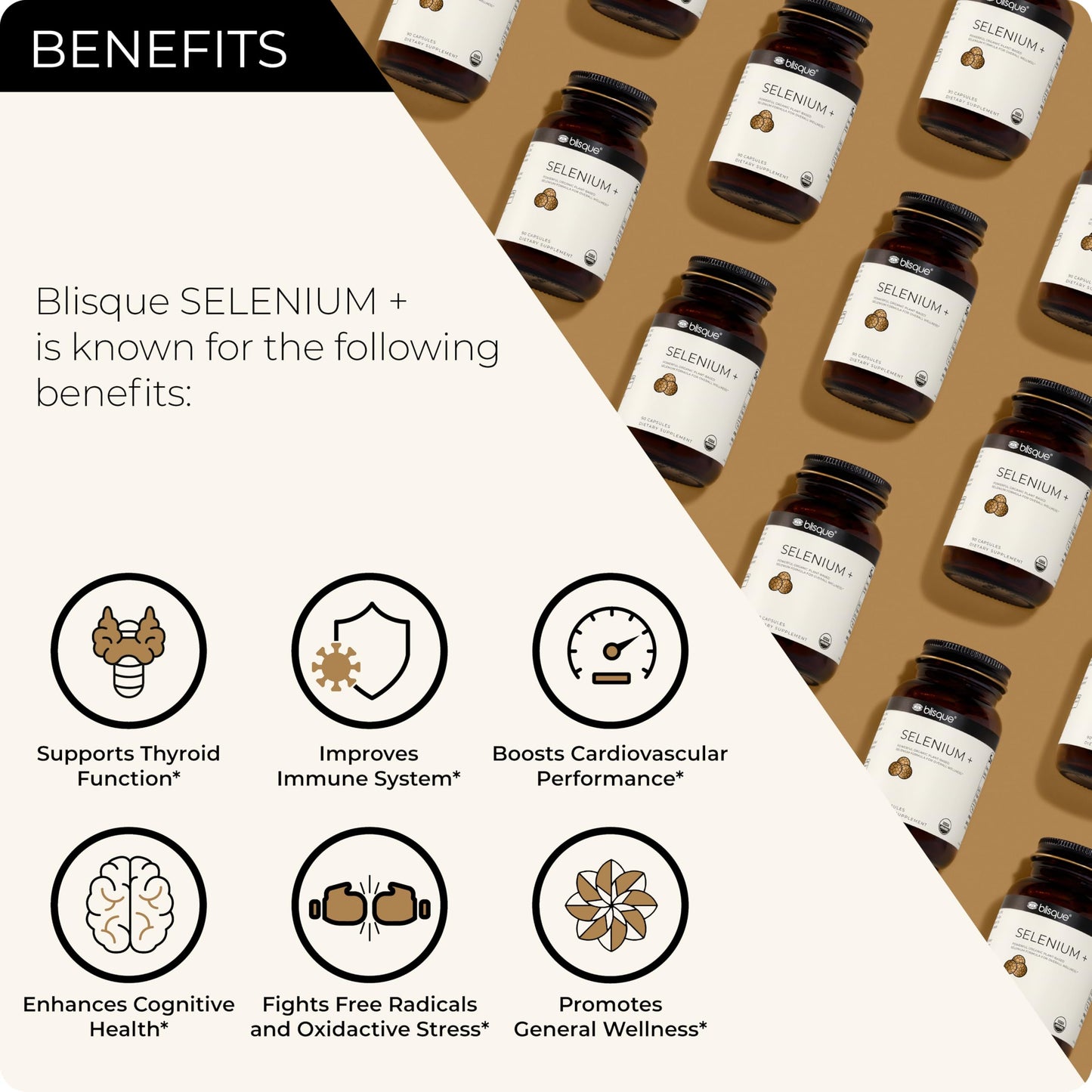 Blisque Organic Selenium for Thyroid Support, Immune System, and Heart Health with Organic Mustard Seeds, 90 Capsules