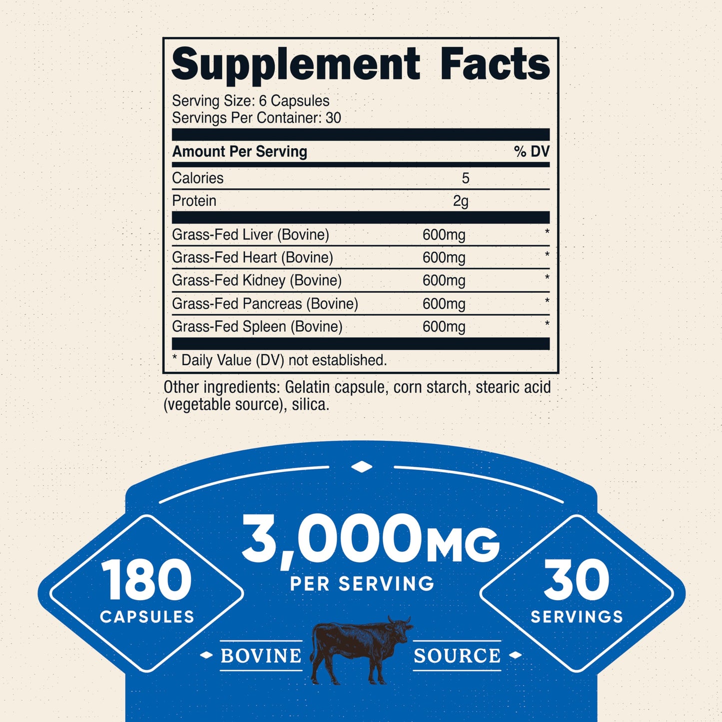Nutricost Grass Fed Beef Organs Supplement Capsules 180 Count