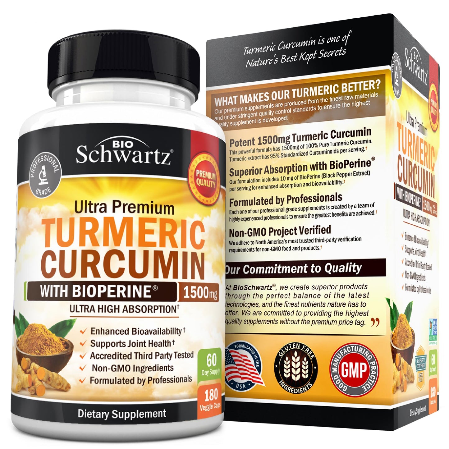 BioSchwartz Turmeric Curcumin with Black Pepper Extract 1500mg, High Absorption Turmeric Supplement with 95% Curcuminoids and BioPerine, Non-GMO Turmeric Capsules for Joint Support, 180 Capsules
