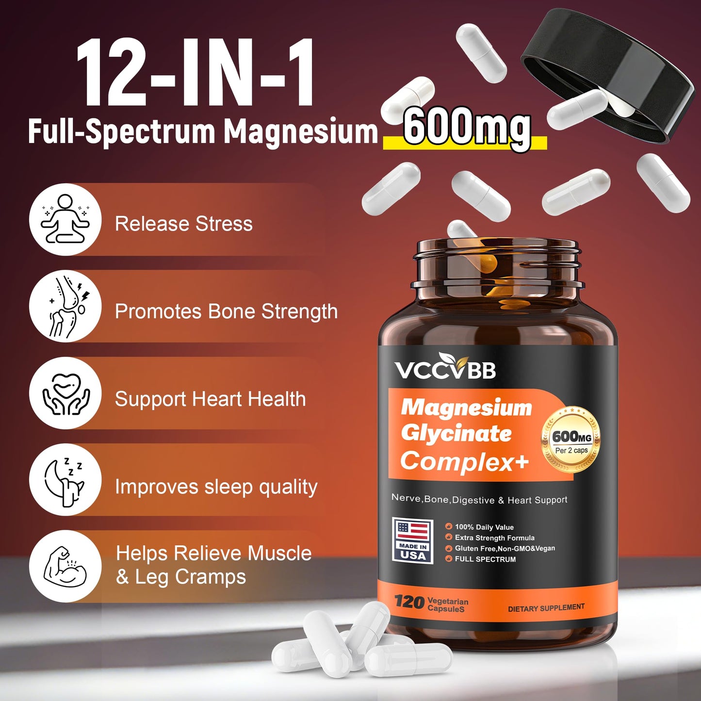 VCCVBB Magnesium Complex for Women & Men 600mg, 12-in-1 High Absorption Magnesium Glycinate, Citrate, Malate & Taurate Capsules, 120 Count